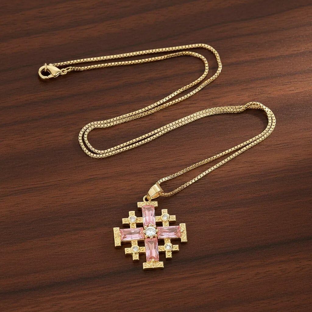 Nazareth Store 18k Yellow Gold Plated Crusaders Jerusalem Cross Pendant with Crystallized Topaz and 20" Necklace Chain