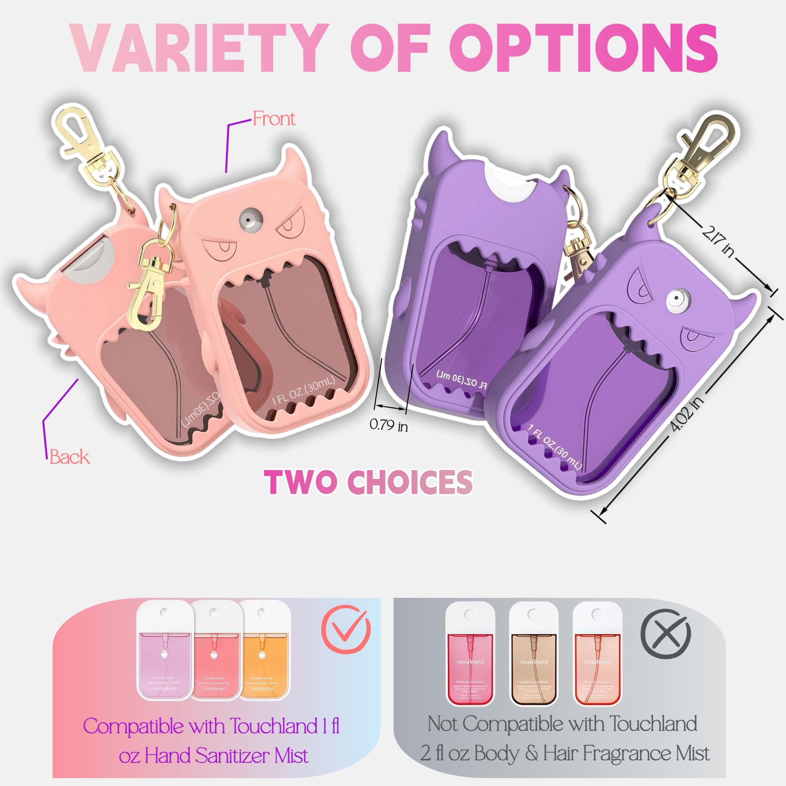 Paquete de 2 fundas de silicona de 30 ml compatibles con el spray desinfectante de manos Touchland (rosa y morado)
