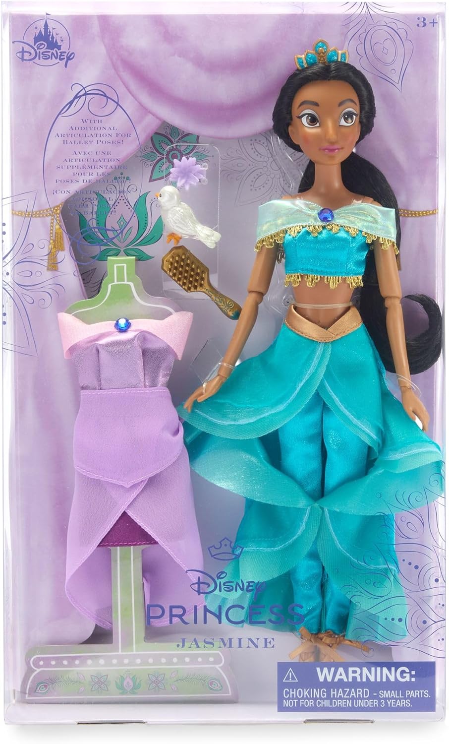 Disney Store Official Princess Ballet Doll - 11 Inch Jasmine Ballerina Doll - Includes Brush with Molded Details, 2 Tutu Outfits, Accessories and Dove Figure - Disney Princess Toys for Girls
