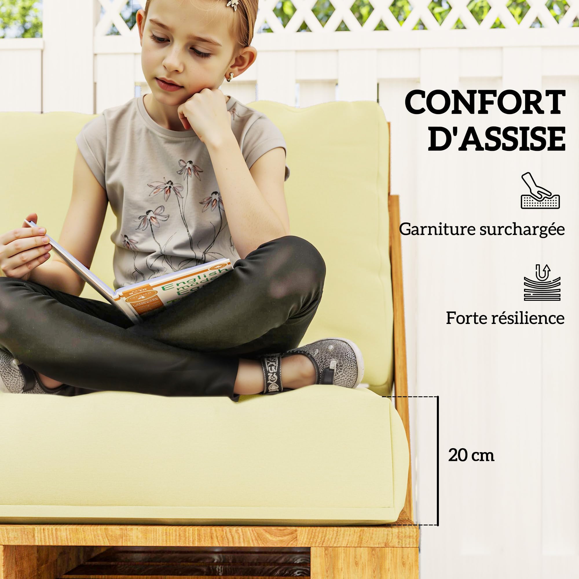 Outsunny Coussins de Palette extérieur 2 Places 2 Pièces UPF20+ Beige | Coussins de siège pour euro palette lavable, 120 x 80 cm et 120 x 45 cm, Épais de 20 cm