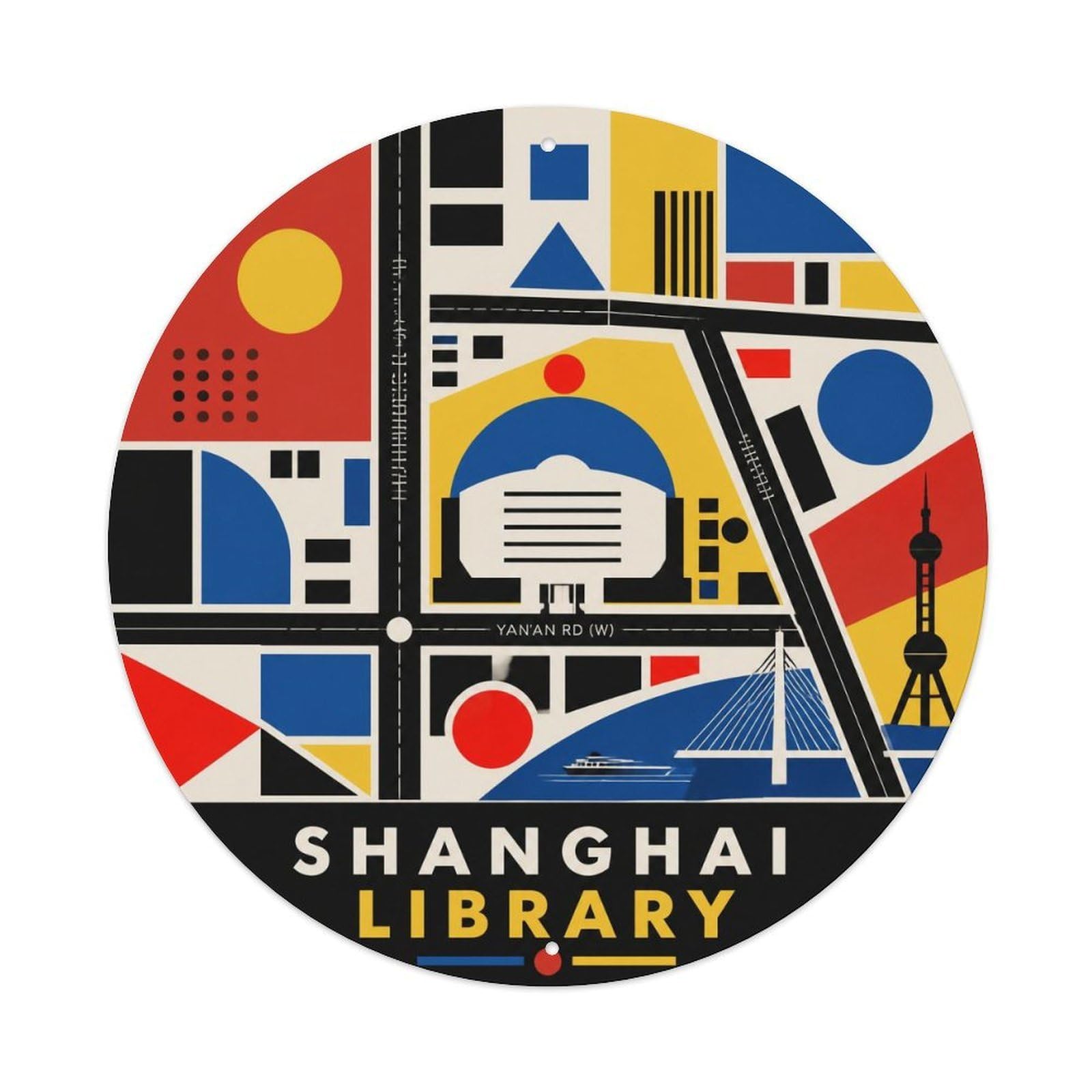 Okngb Style Shanghai City Library Retro Landmark Collector Badge Metal Tin Sign Plaque Wall Decor For Cafe, Man Cave, Club Bar, Office, Home Garden Round Metal Poster 8X8inch