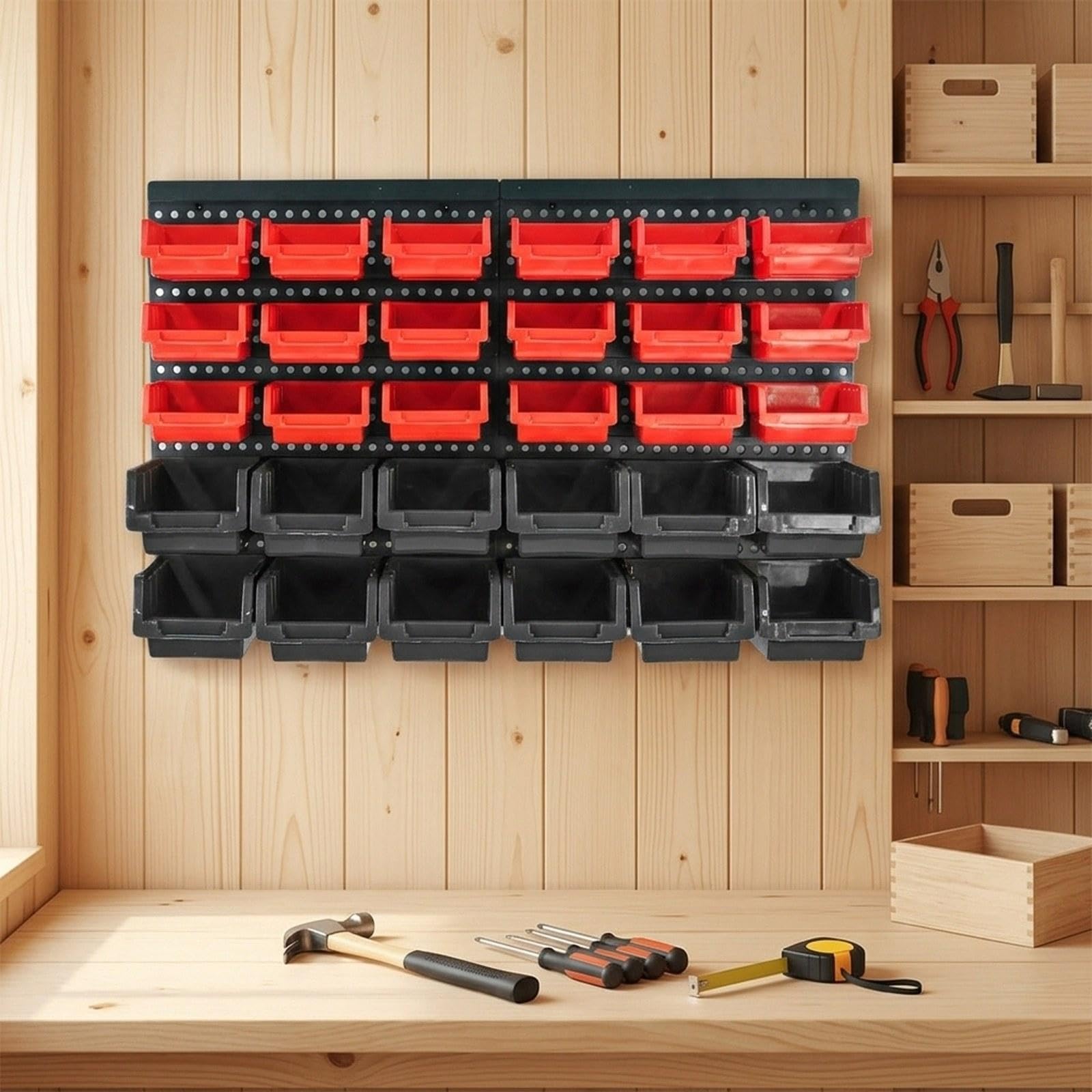 kowaku 30 Contenitori per Riporre Attrezzi con Pannello Forato, Facile Accesso Ai Componenti, Organizer per Utensili, Forniture per Ufficio, Garage, Rosso Nero