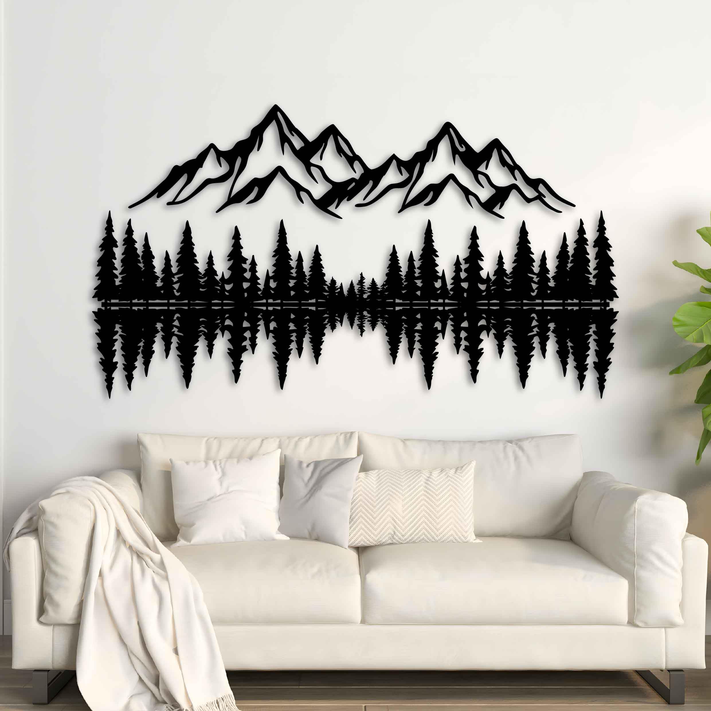 Decoración de pared de metal de montaña y bosque, escultura de pared de metal grande para sala de estar, arte de pared de paisaje, decoración de pared de pino, escena rústica de montaña, colgante de
