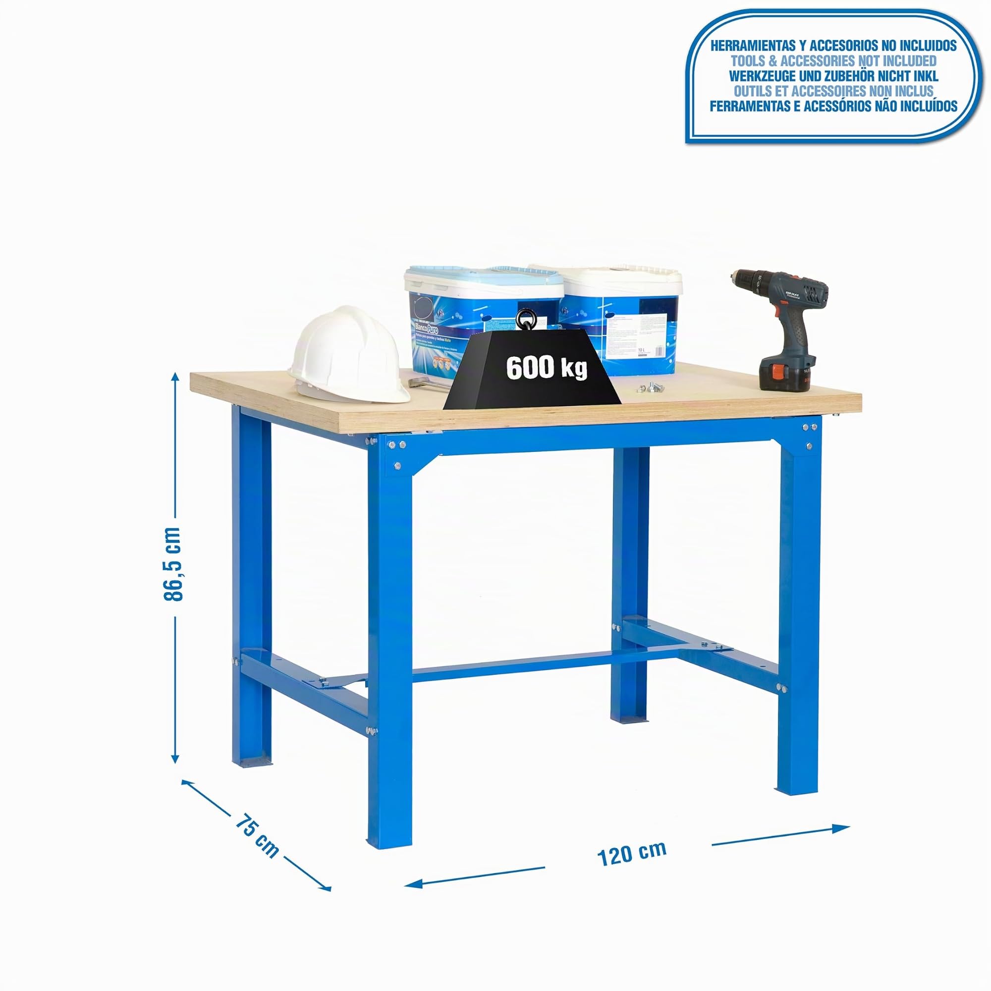 SimonRack Etabli d’Atelier, Capacité de Charge 600 kg, 865x1200x750 mm, Table de Travail Bricolage, Bleu/Bois Mdf - BT6
