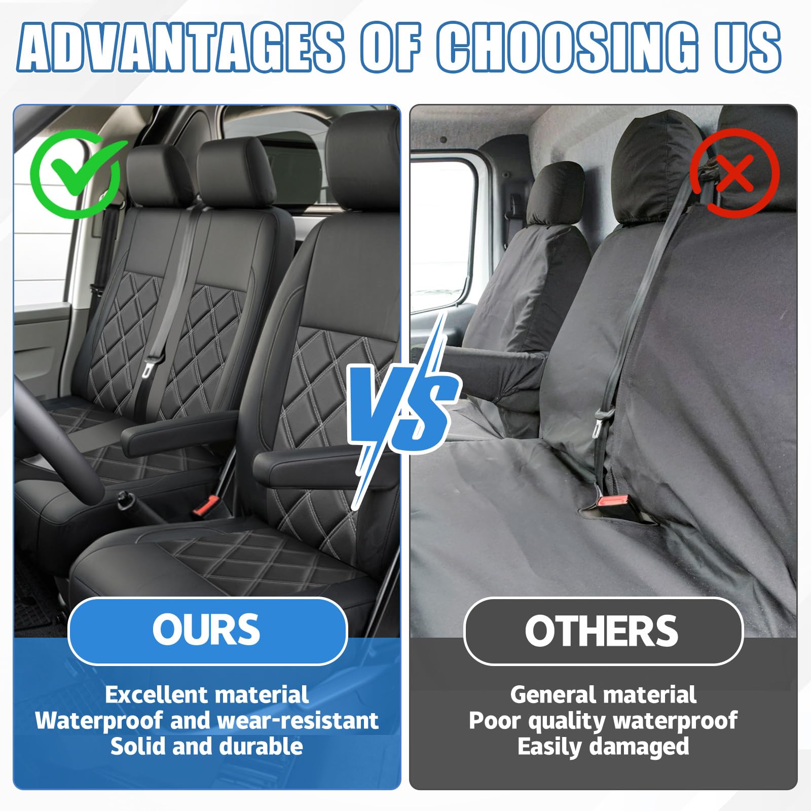 Housse de sièges avant 1+2 compatible avec Volkswagen Transporter T6 T6.1 | Couverture Siège 2+1, véhicule LHD conduite à gauche, Confortable, Respirant