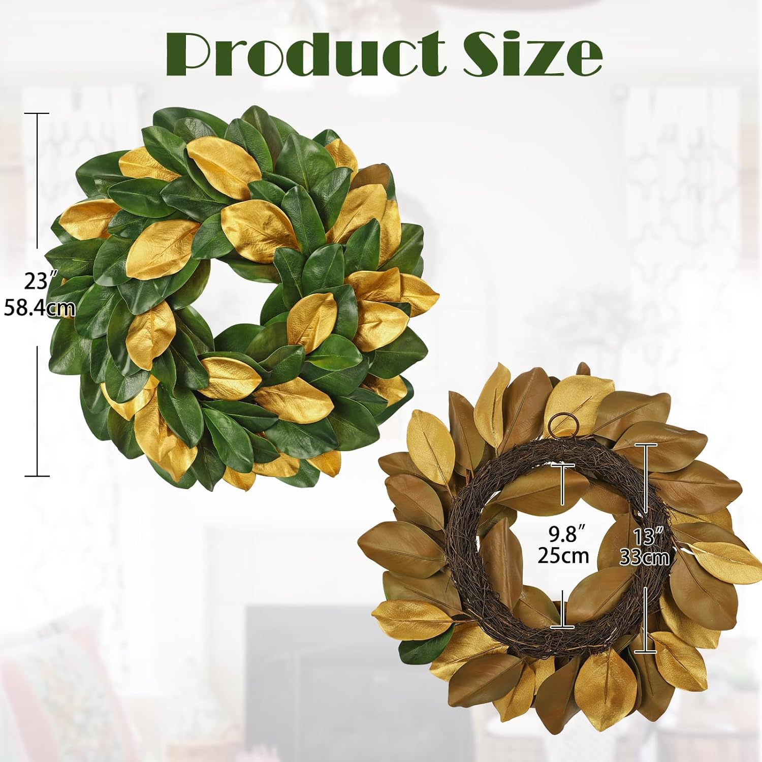 Briful 23in Christmas Magnolia Wreath for Front Door, Gold & Green Magnolia Leaf Wreath Large Decorative Magnolia Wreaths for Xmas Indoor Outdoor Holiday & Year-Round Decor - Image 2