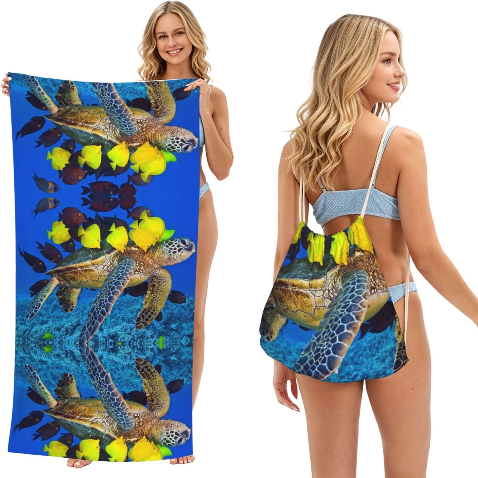 Ezdlowvba Black Sea Turtle With Fishes Print Beach Towel Backpack 2 In 1 Summer Large Lightweight Beach Towel - Multifunctional Ship Pattern Towel Bag For Storage,Sport