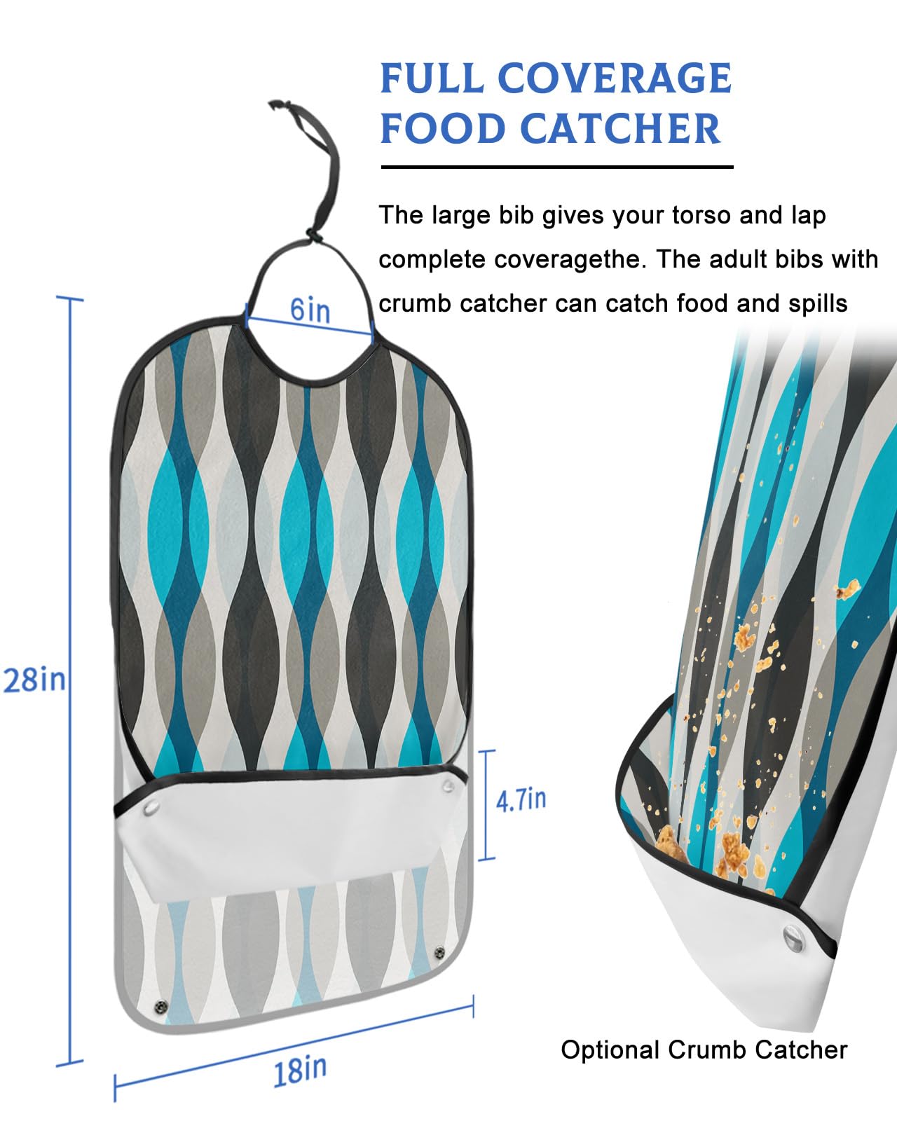 Kewadony Adult Bibs for Elderly Women - Aqua Gray Black Waterproof Dining Clothing Protectors with Crumb Catcher for Eating/Feeding, Geometric Abstract Art Water Ripple Terry Cloth Bib Washable