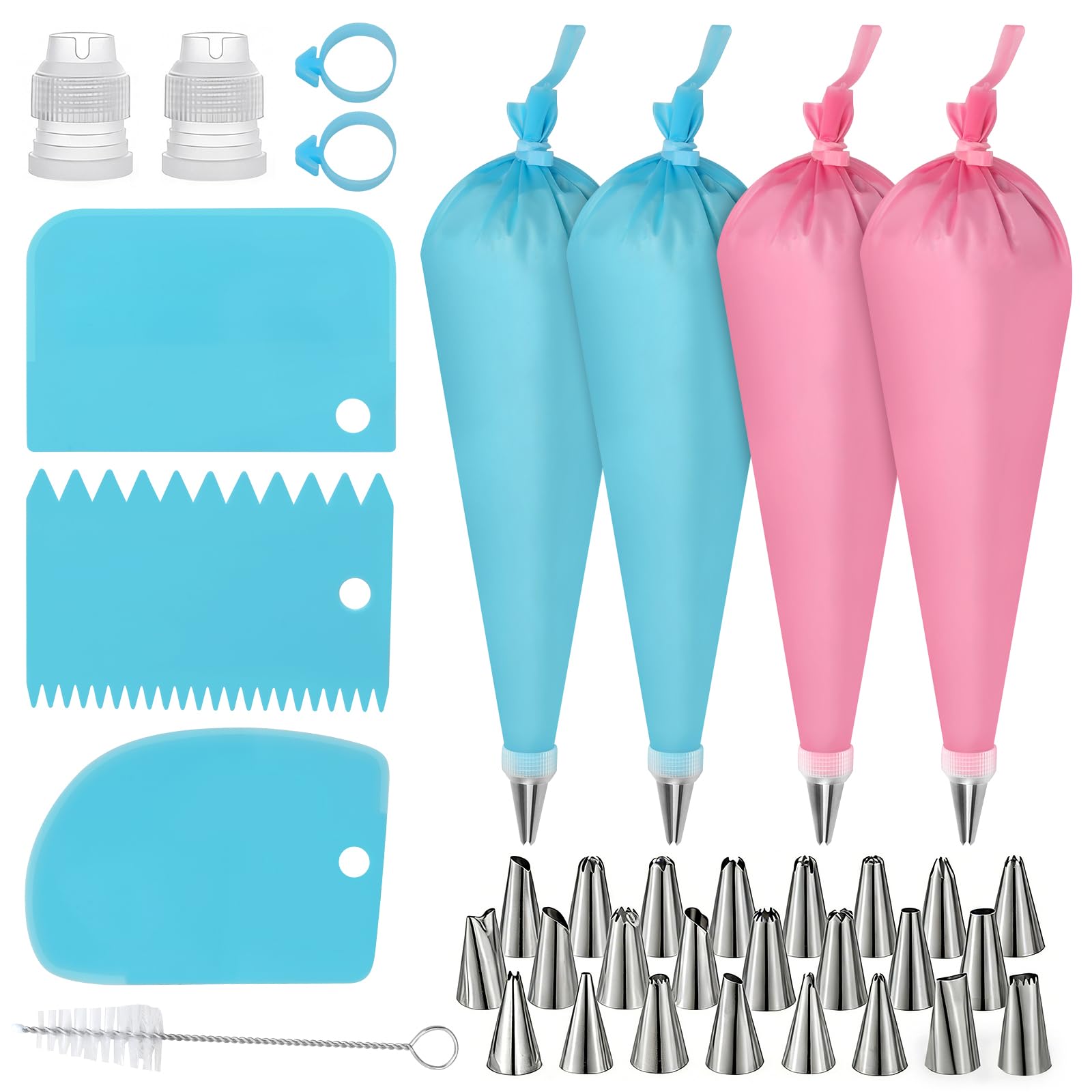 Piping Bags and Nozzles Set, 36 Pcs Icing Piping Kits with 4 Reusable 12 Inch Piping Bags, 24 Stainless Steel Cake Piping Nozzles Kits, 2 Couplers, 2 Bag Ties, 3 Cake Scrapers and Cleaning Brush