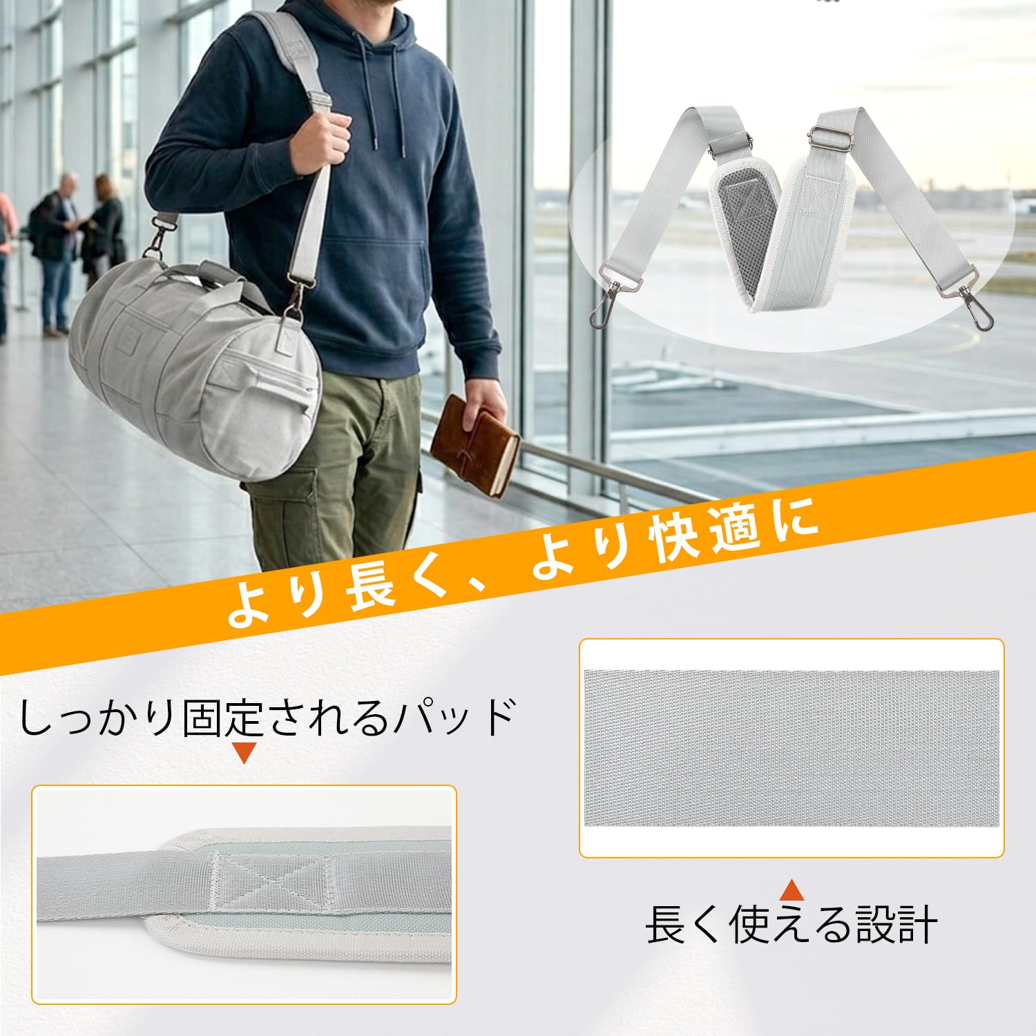 ショルダーストラップ ショルダーベルト150cm 調節可能 肩掛けベルト 3.9cm幅広 単品 水筒 ストラップ ショルダーバッグ メッセンジャーバッグ PC バッグ カメラケース ビジネスバッグ スポーツバッグ ツールバッグ など (グレー)