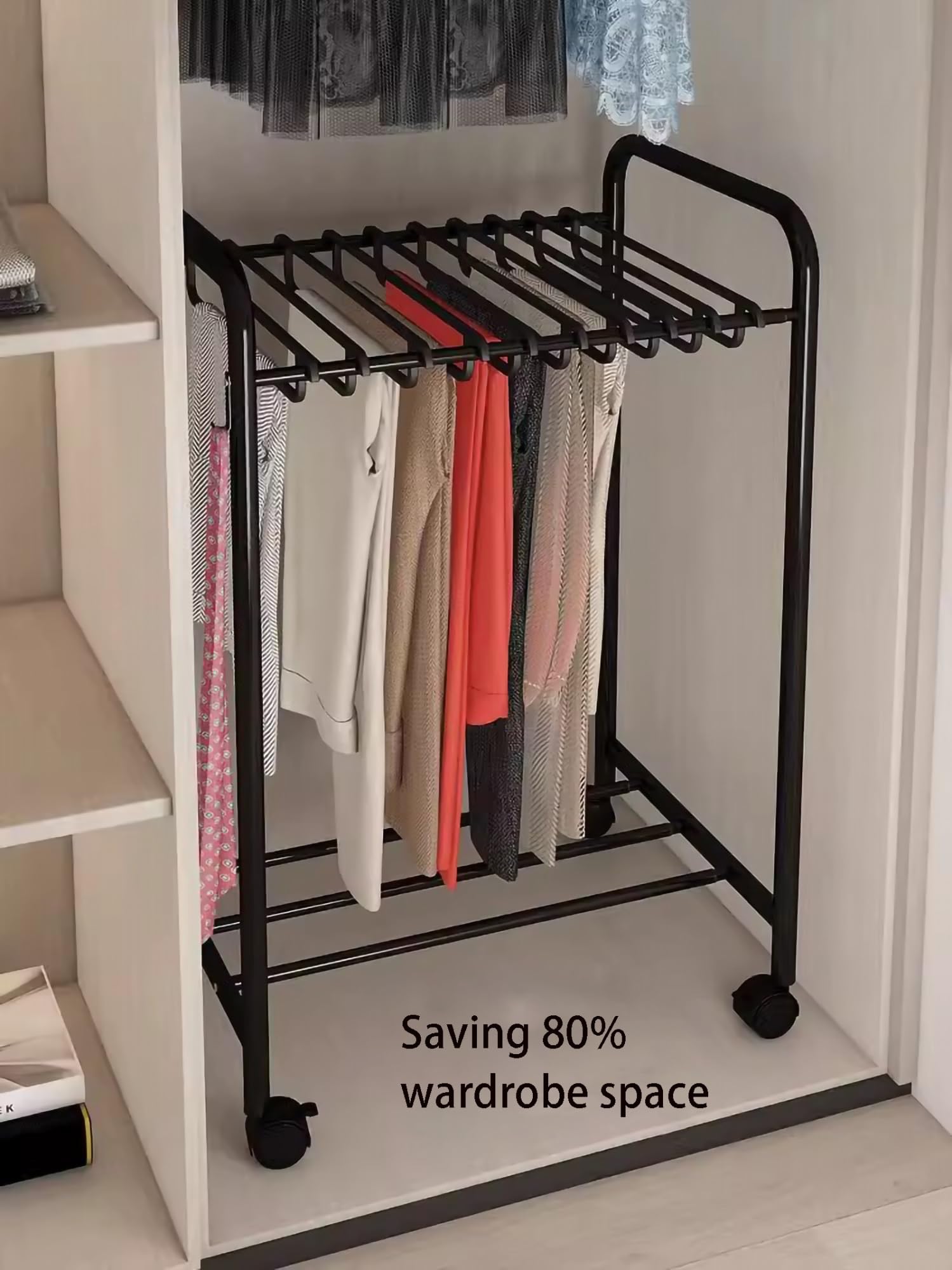 Perchero portátil de pie para pantalones con ruedas, multifuncional, 24 perchas para jeans, bufandas y faldas, estante de secado ajustable para un fácil almacenamiento