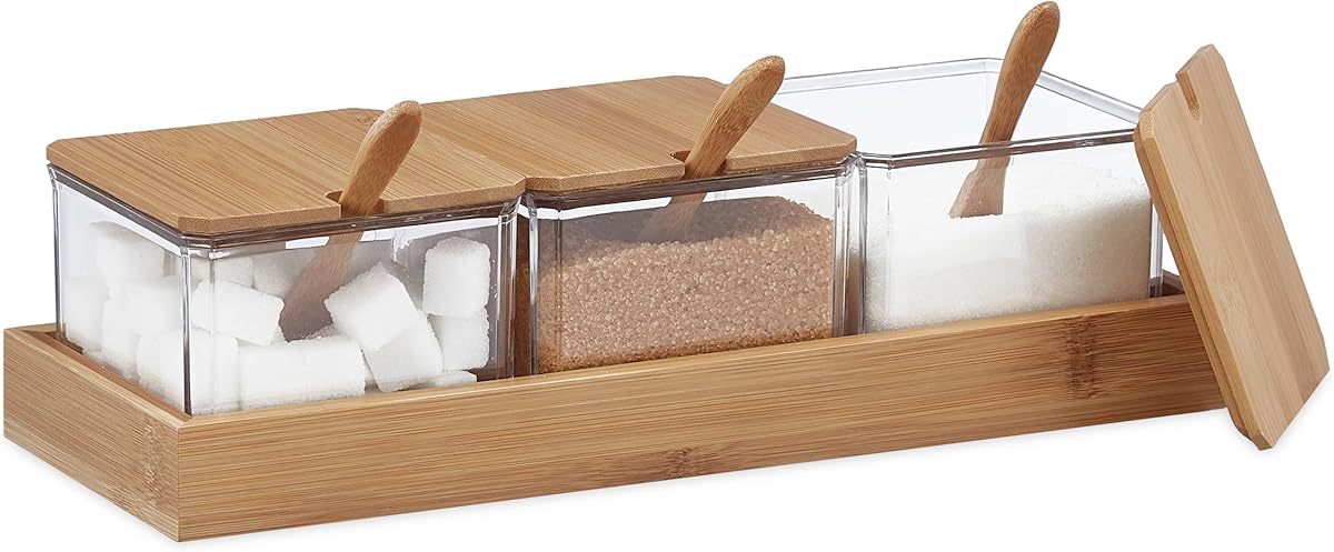Relaxdays Gewürzbehälter 3er Set, Gewürzdosen mit Löffel & Deckel, Kunststoff, Bambus, Zuckerdosen, Tablett, transparent, 11 x 30 x 13 cm