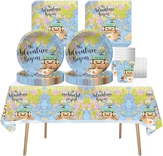 Explorer party tableware, 61 piece World Map children's birthday cutlery, Travel theme party decoration supplies set, Includes paper cups, plates, napkins and tablecloths