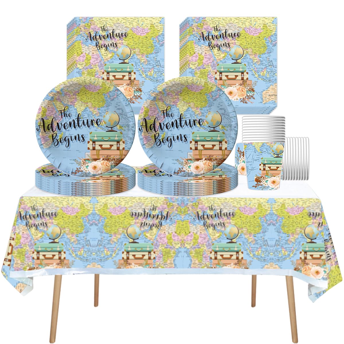 Explorer party tableware, 61 piece World Map children's birthday cutlery, Travel theme party decoration supplies set, Includes paper cups, plates, napkins and tablecloths