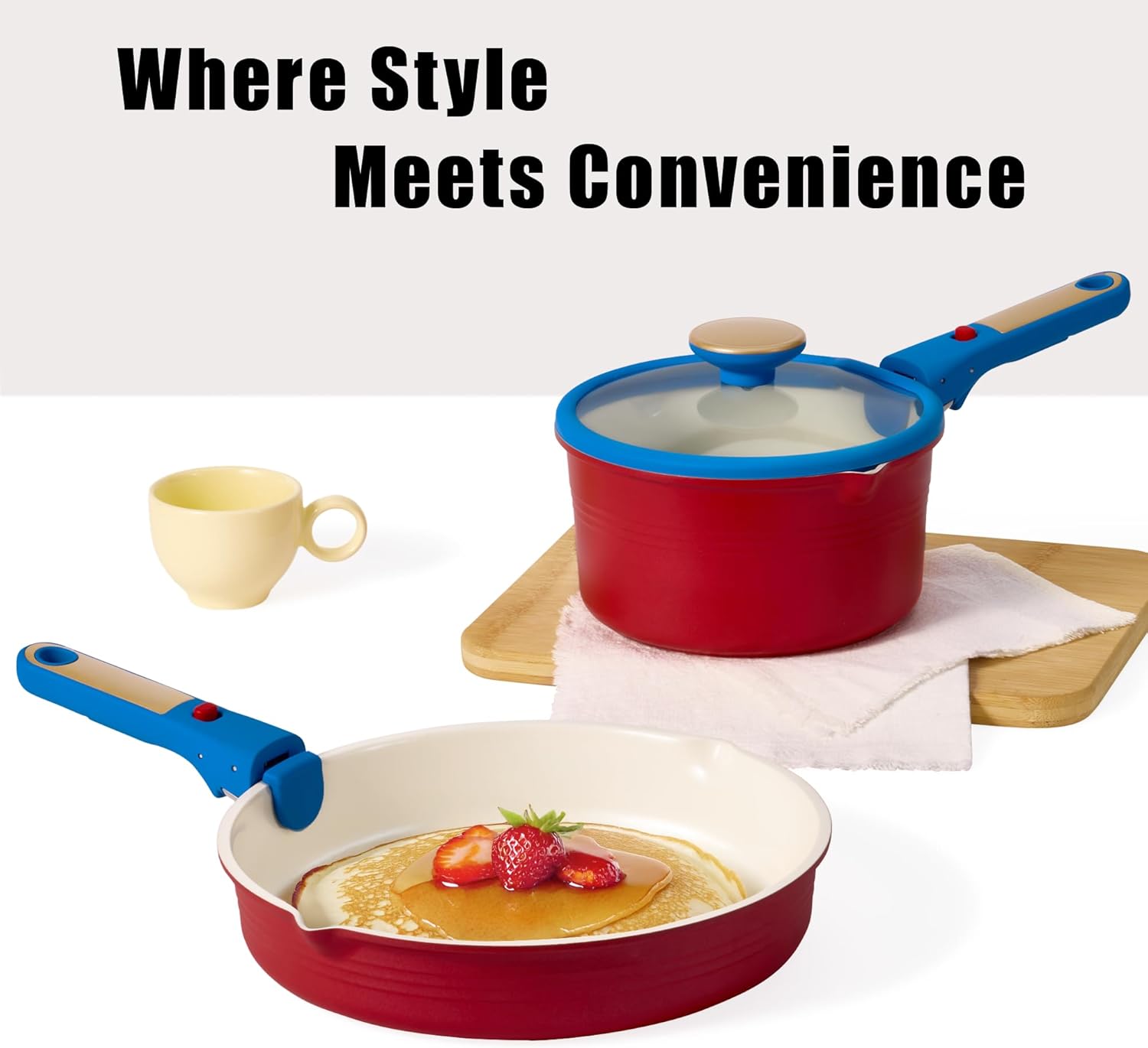 CAROTE 17Pcs Titanium Cookware Set, Pots and Pans Set Non Stick, Kitchen Cooking Set with Detachable Handle, Non Toxic Induction Cookware, Dishwasher/Oven Safe，Memphis Design