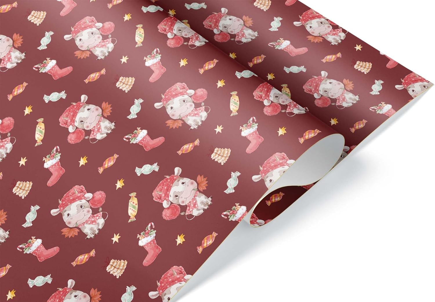 Cute Red Cow Christmas Wrapping Paper, Animal Holiday Gift Wrap, Watercolor Xmas Christmas Decor (12 foot x 30 inch roll)