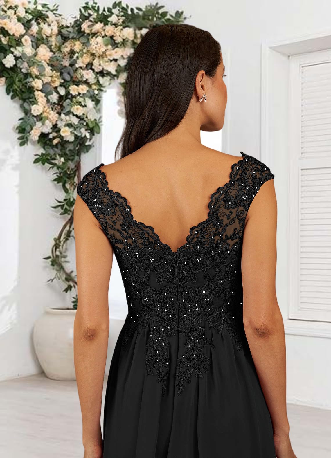 HUINI Damen Brautmutterkleider für Hochzeit Bodenlänge Chiffonkleid mit V-Ausschnitt und Pailletten Kleid Hochzeitsgast Damen Formell Abendkleider Elegant Für Hochzeit