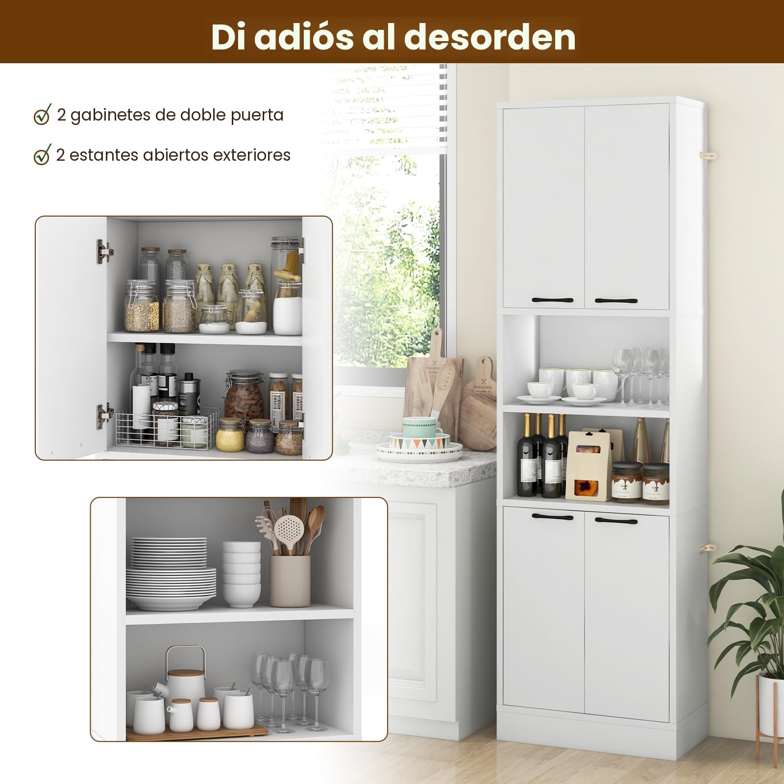 KOMFOTTEU Aparador de Cocina con 2 Armarios con Puertas y Estantes Abiertos, Armario Alto de 6 Niveles con Dispositivo Antivuelco, Mueble de Almacenamiento para Salón, 56 x 30 x 190 cm (Blanco)