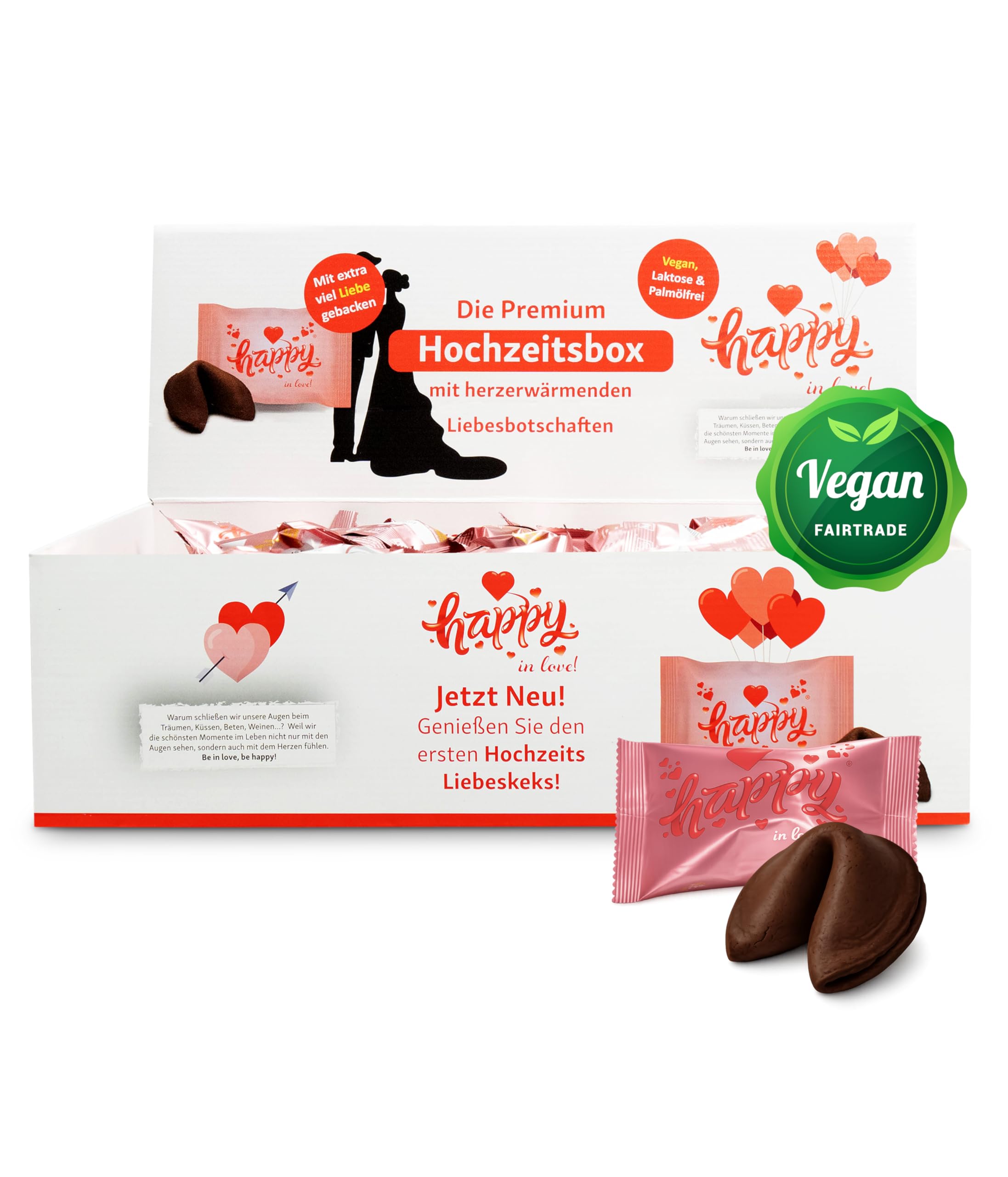 HappyKeks Hochzeitsbox | 100 vegane Schoko-Glückskekse aus Fairtrade-Schokolade | Glückskekse Hochzeit | ideale Gastgeschenke & Hochzeit Deko | Wedding Edition