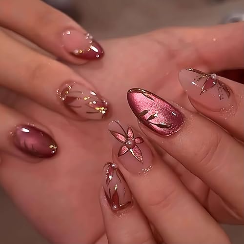 Stbisen Medium Almond Press On Nails, Rose Gold Red Cat Eye Fake Nails | 3D Flower Design, Gold Leaf Accents and Pearl Details, Glossy Reusable Glue On Nails for Women Party Daily Wear, 24PCS - 75-Rose Petal Glow
