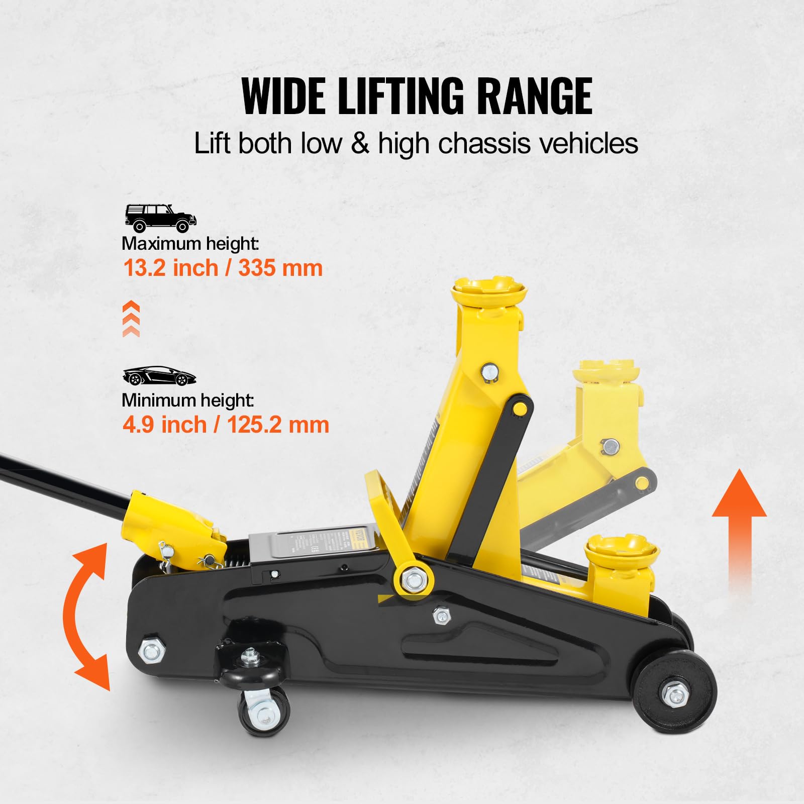 VEVOR Cric Rouleur 2 tonnes, Cric de Plancher Hydraulique à Profil Bas, Hauteur de Levage 125,2-335 mm, Pompe de Levage Rapide à Piston Unique, pour Lever Camion SUV Entretien Automobile Atelier