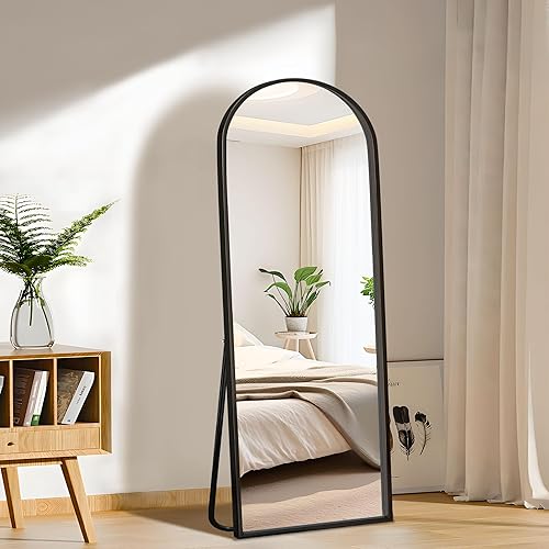 Arched Full Length Mirror with Stand, 56"x18" Full Floor Body Mirror with Aluminum Alloy Thin Frame for Bedroom Living Room, Black