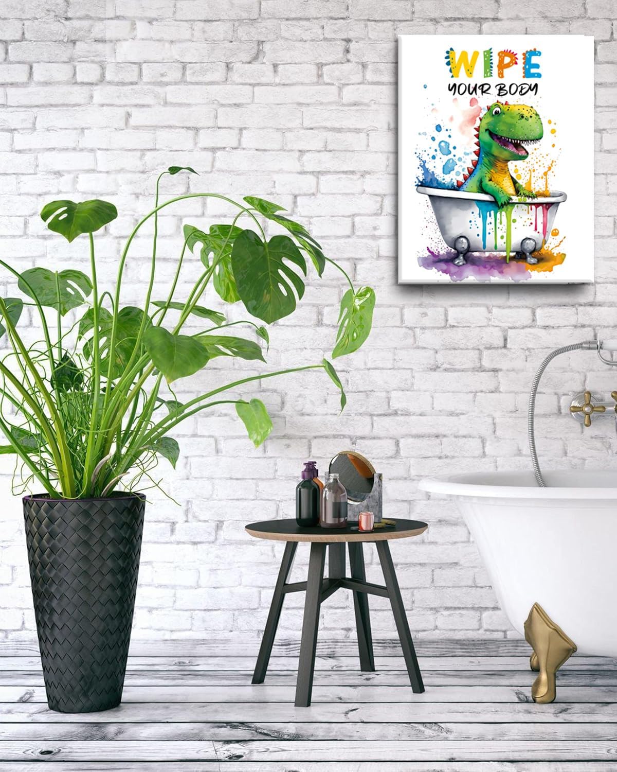 ZHAXFA Framed Dinosaur Bathroom Wall Art Prints,Kids Bathroom Canvas Wall Art,Funny Dinosaur Themed Inspirational Quotes Art Prints Artwork Home Decor Set of 4 (8”X10”inch)