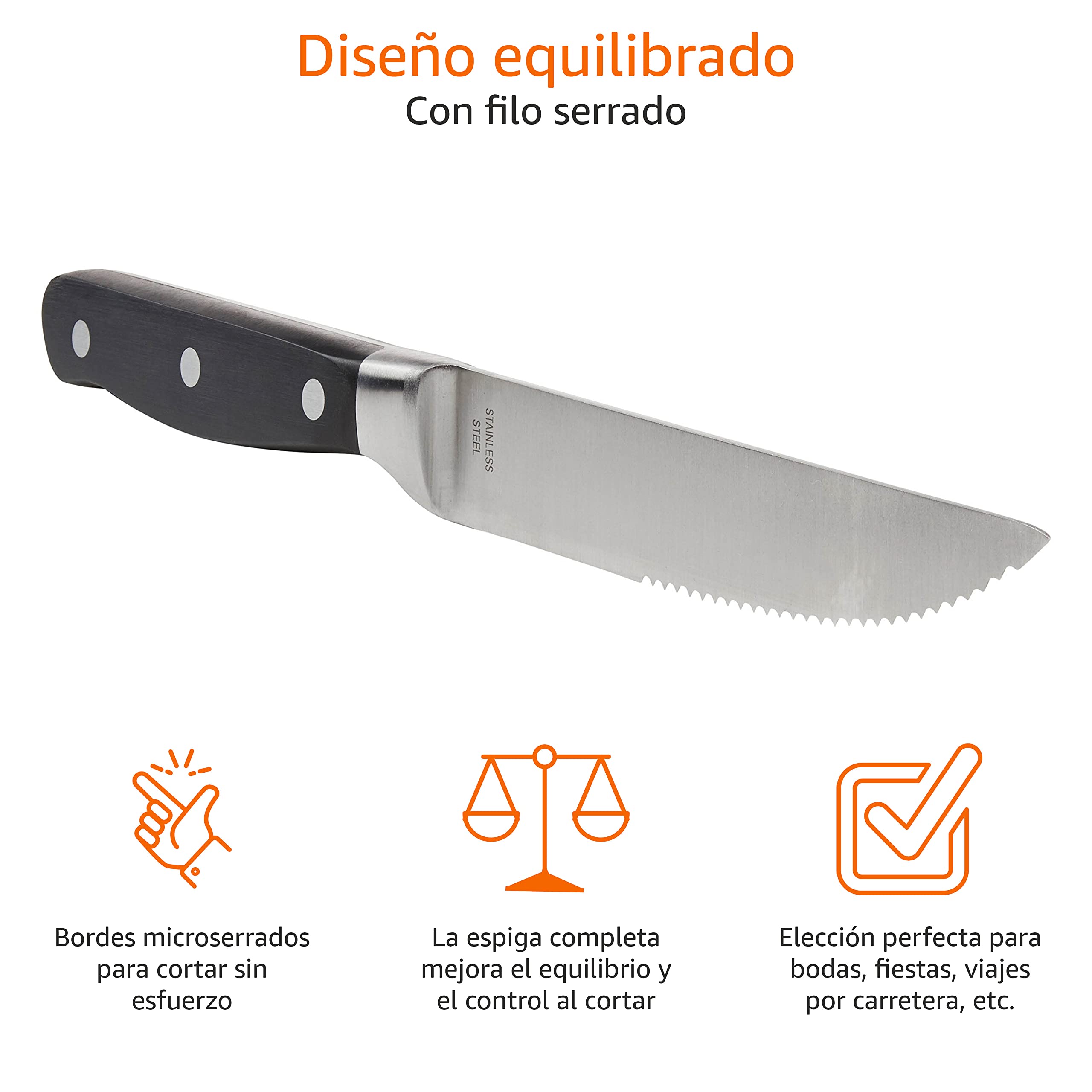 Amazon Basics Juego de cuchillos de carne, 8 Unidad, Negro/Acero inoxidable cepillado