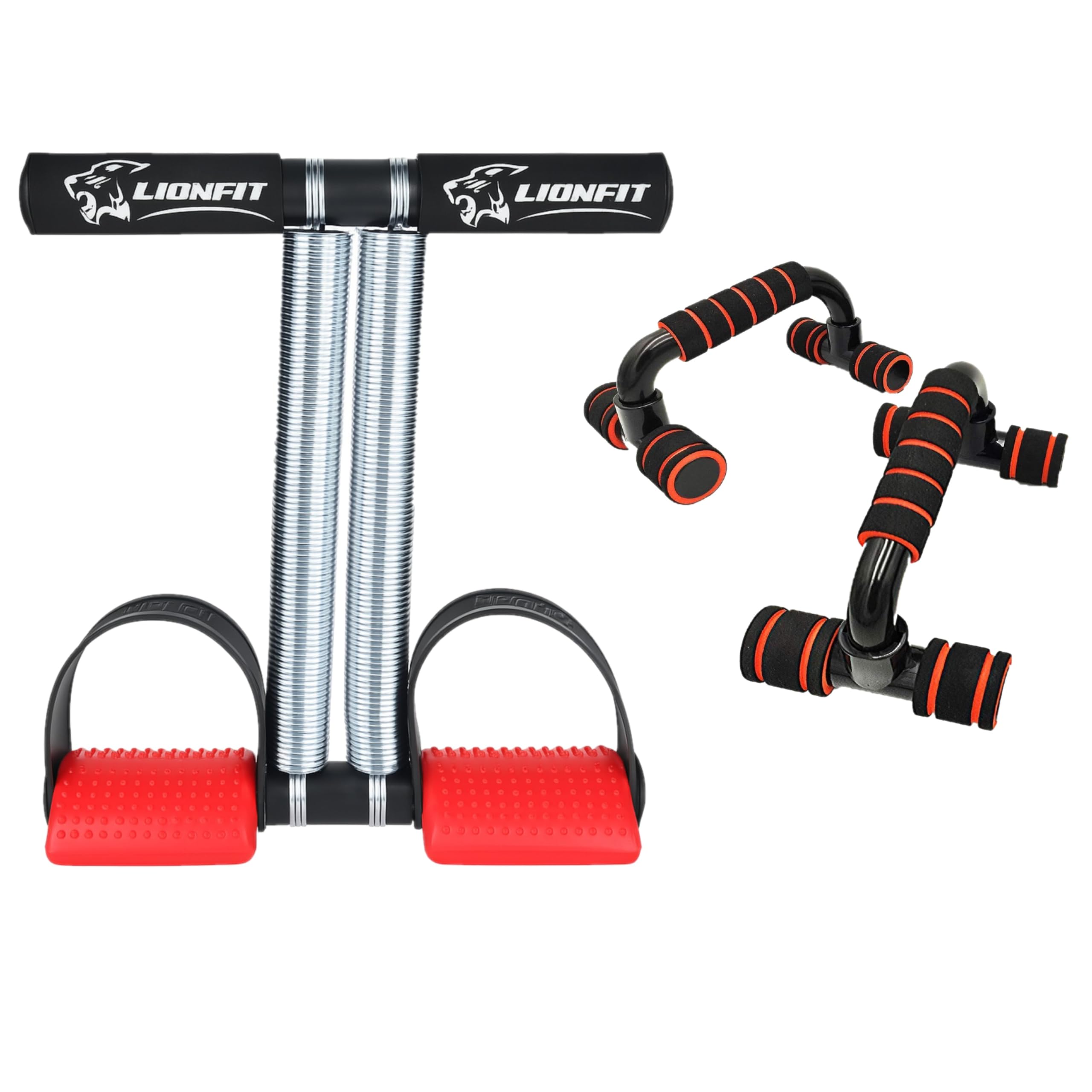 Combo: Double Spring Tummy Trimmer + Premium Foam Grip Push-Up Bars | Full Body Home Workout Equipment for Men & Women | Portable Ab, Chest, Arm, and Core Training Kit (RED)-image-33