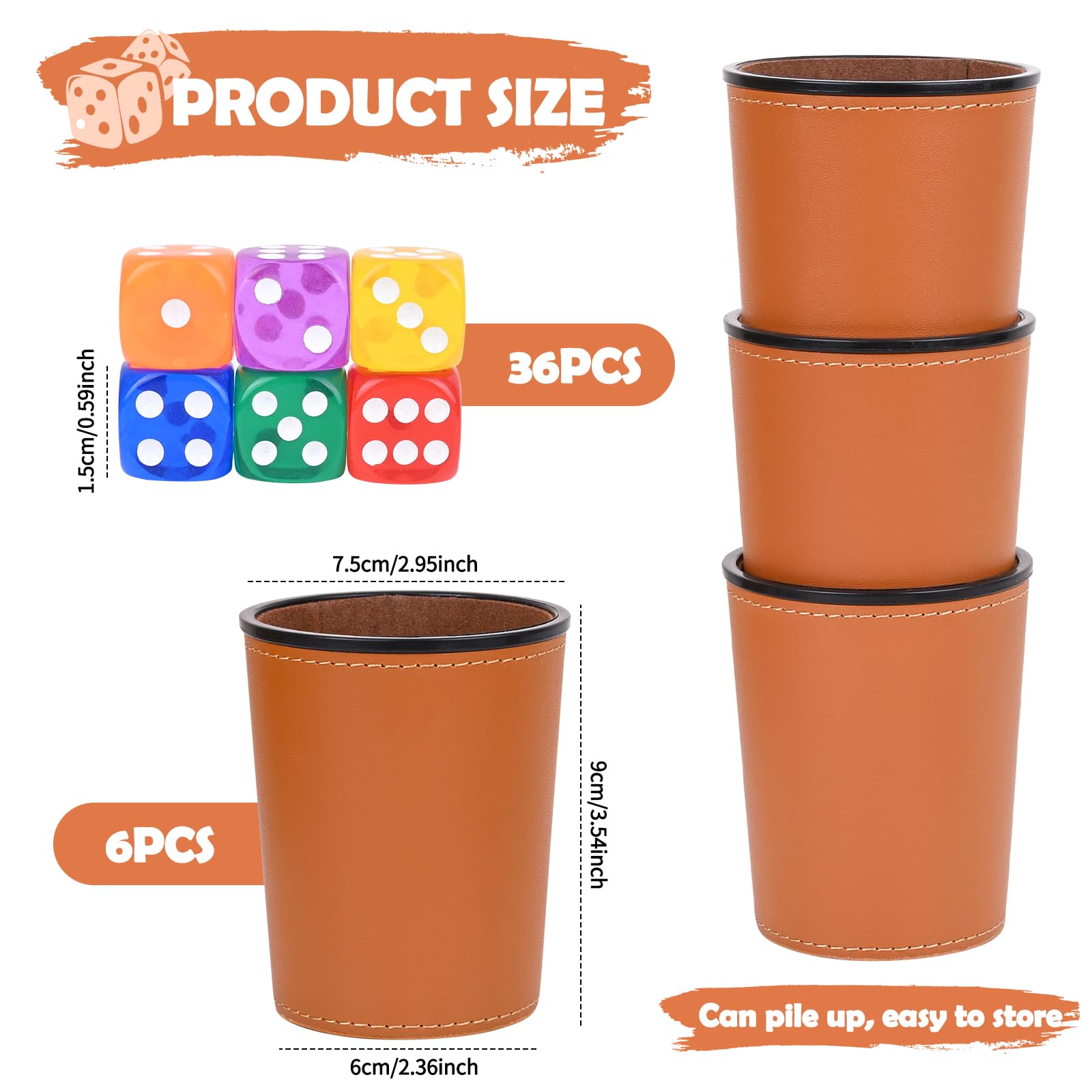 Cubilete Dados Poker, Juego de Dados, 6 Cubiletes Y 36 Dado, Taza de Dados de Cuero, para Juegos De Fiesta Interactivos, Juguetes para Lanzar (Marrón)