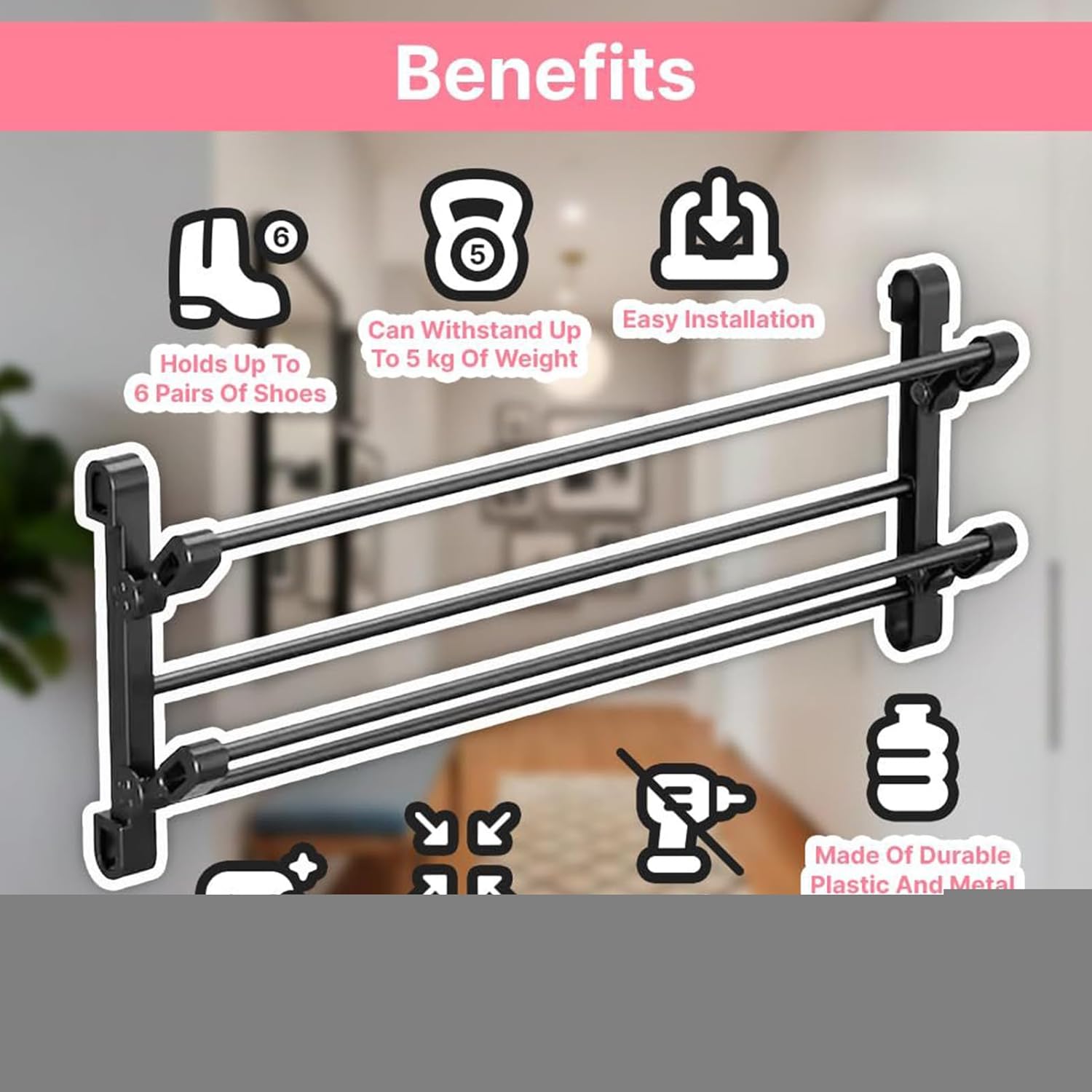 Foldable Shoe Shelf, 65x29cm, Wall Mounted 2-Tier Shoe Rack, Space-Saving Organizer for Sneakers, Hallway, Wardrobe, Bathroom, Dorm, Apartment