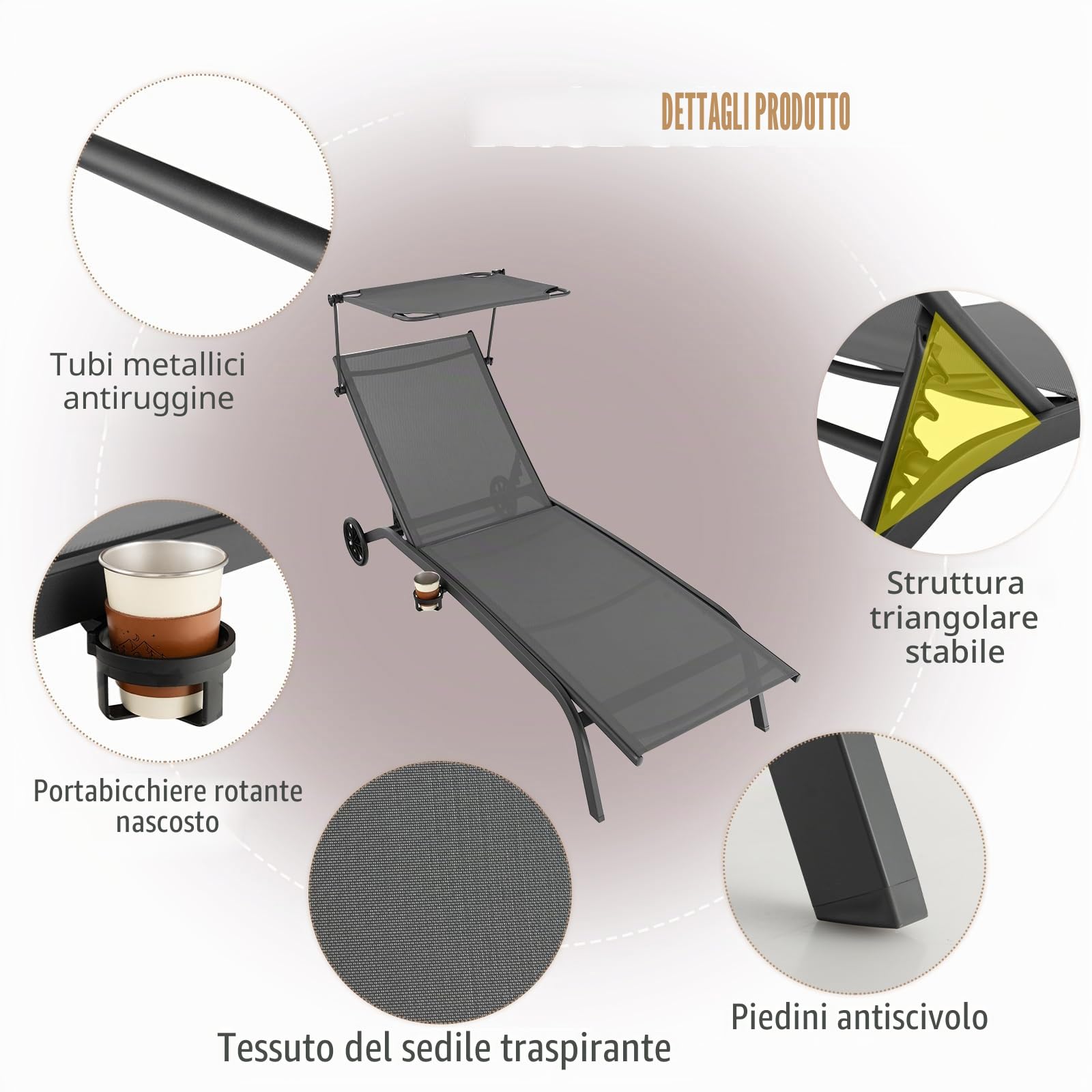KOMFOTTEU Lettino Prendisole con Ruote e Tettuccio Parasole，Grigio：1 | Sedia a Sdraio con Portabicchiere, Schienale Regolabile in 5 Livelli, in Tessuto Textilene, Portato 150 kg, da Giardino