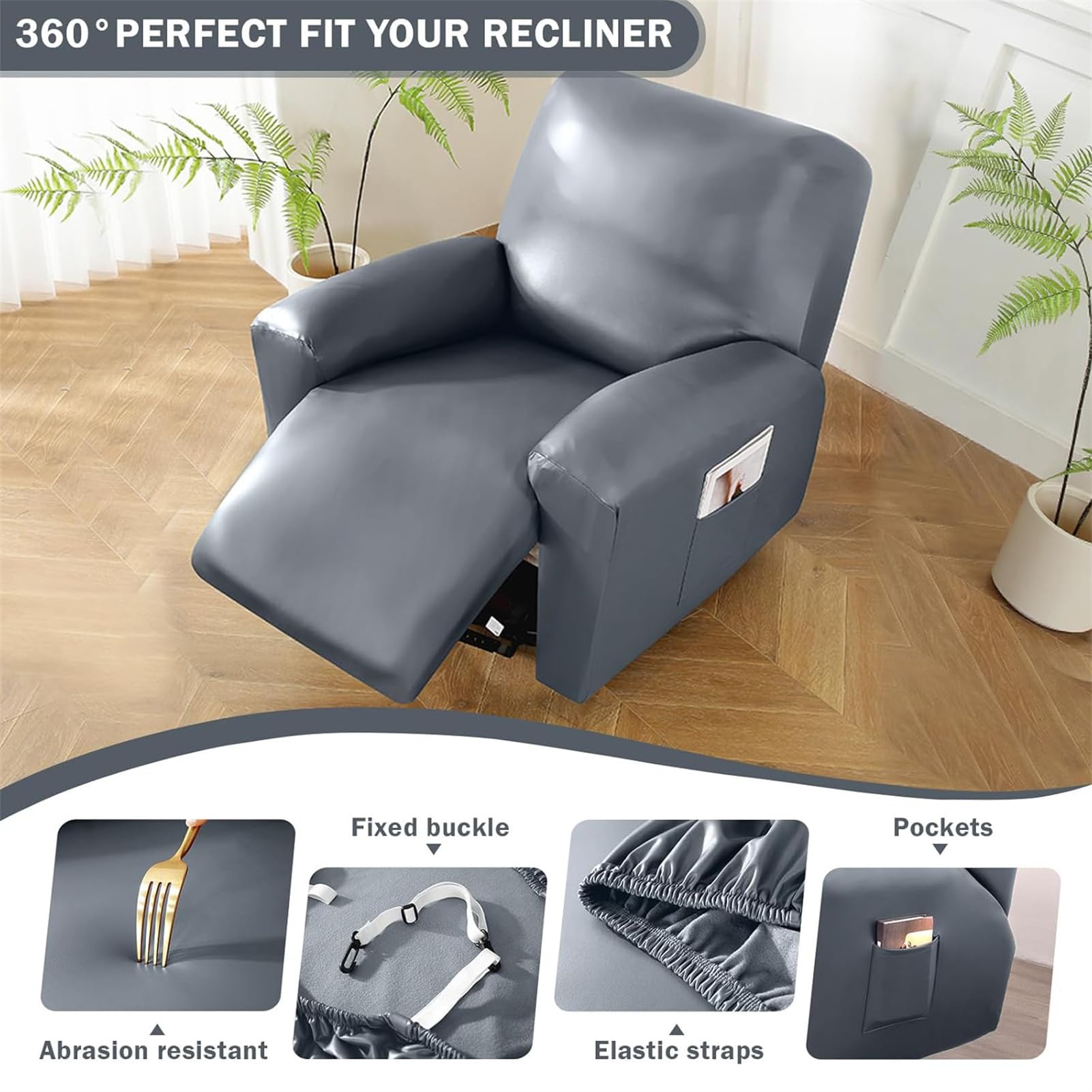 Copridivano Relax Reclinabile in Ecopelle PU, Elasticizzato Impermeabile - Copripoltrona 1 Posto con Tasche, Fodera Poltrona Relax Lavabile Rimovibile