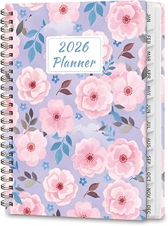 VALOME 2026 Weekly Monthly Planner Hardcover Spiral Bound with Tabs Pocket Pink Blossoms 6.2x8.5 Inch Agenda Notebook
