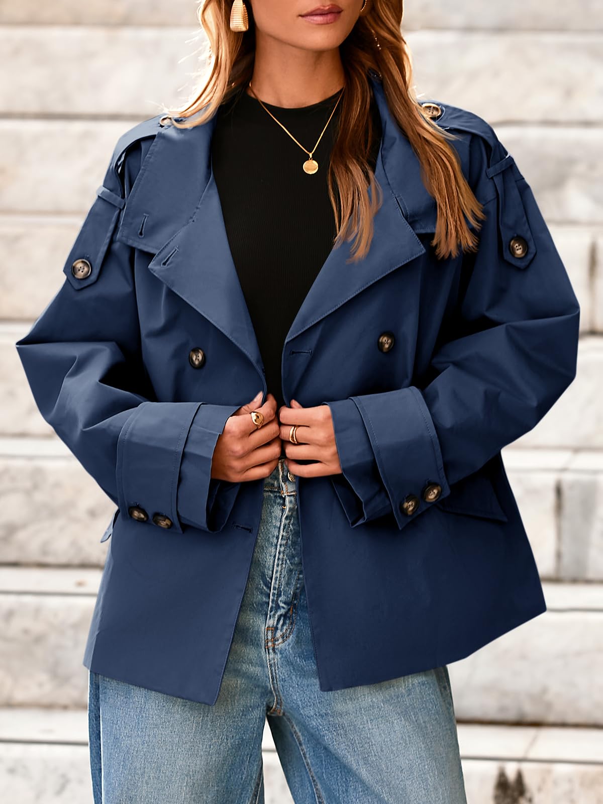 Tankaneo Trench corto da donna, oversize, doppiopetto, colletto alla coreana, giacca corta autunnale casual da lavoro