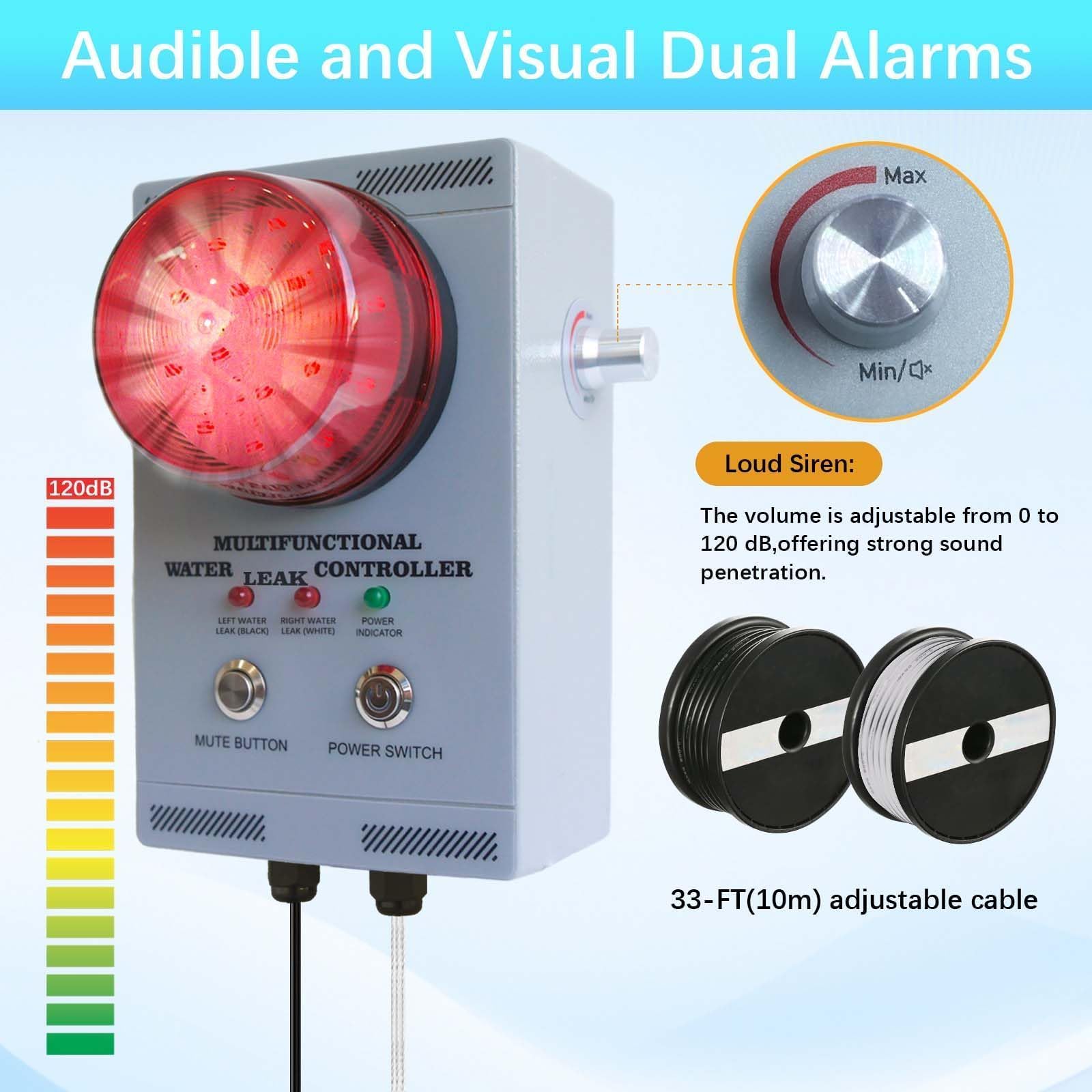 Alarma Profesional de Fuga de Agua, Detector con Doble sonda, Alarma 120dB Ajustable Sonora/Visual, Cable 10m, Totalmente metálico para Bomba de sumidero/sótano/fosa séptica/Pozo/fábrica/almacén