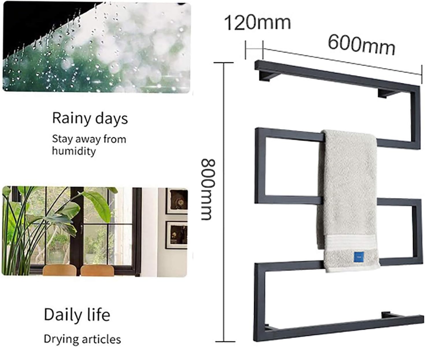 Towel Warmer, Electric Heated Towel Rack with Timer, 304 Stainless Steel Heated Towel Rail Wall Mounted 5 Bars Waterproof Bath Towel Heater, 80×60×12cm,Black,Hardwired