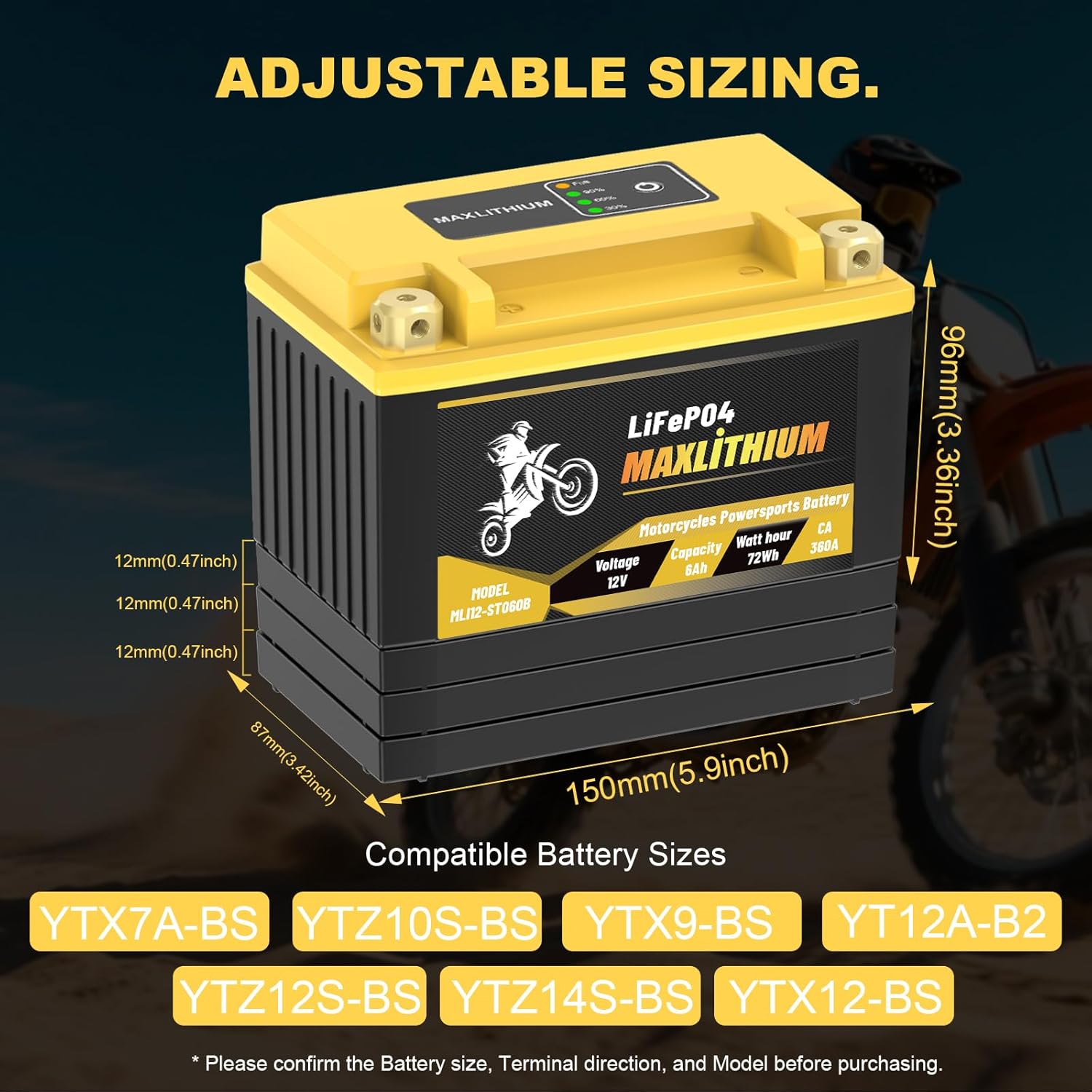 12V 360CA YTX9-BS/YTZ10S/YTX12-BS/YTZ14S Lithium Motorcycle Battery with Smart BMS, Lightweight & Waterproof - Replacement for YTX7A-BS/YT12A-BS/YTZ12S - Fits for Motorcycle,Moped, ATV, UTV
