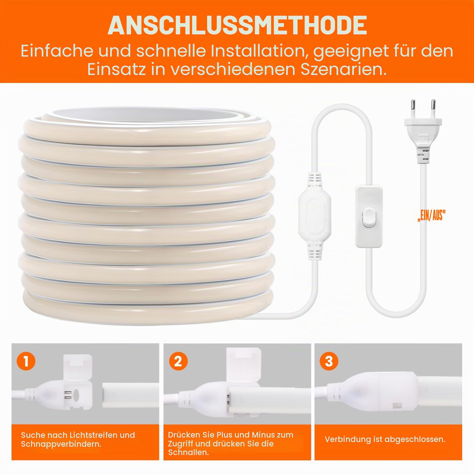 KISUFU 230V COB Neon LED Streifen, 288 LEDs/m Wasserdicht IP65 Schnitt alle 50cm, 220V LED Band Light Strip mit ON/OFF Schalter für Küche, Badezimmer, Werkbank, Die außendekoration.warm weiß,15M