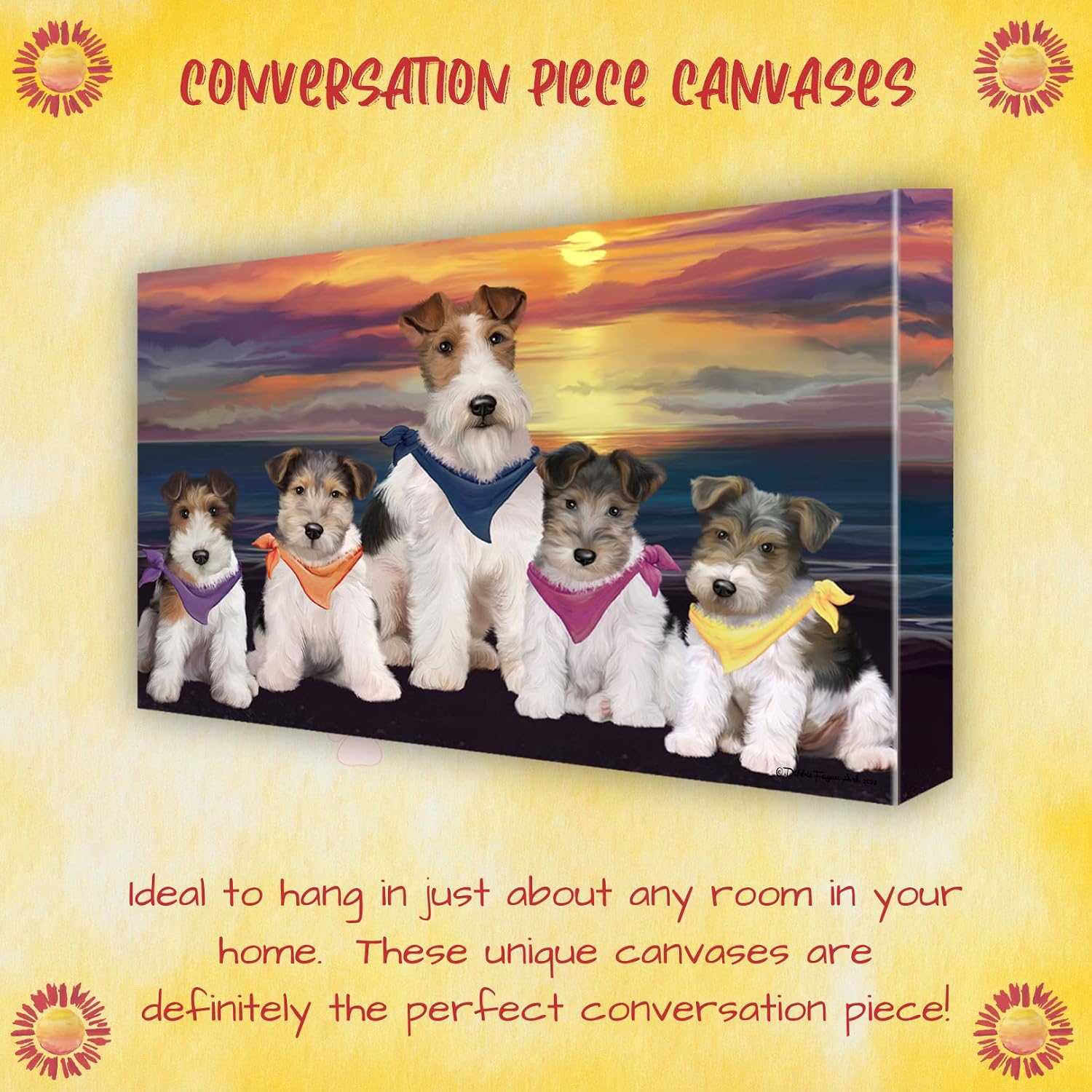 Family Sunset with Wire Fox Terrier Dog Canvas Wall Art - Premium Quality Ready to Hang Room Decor - White Floating Framed 16" x 16"