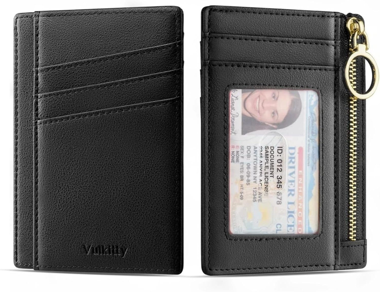 Vulkitty Small Wallet for Women Minimalist Slim Front Pocket Zipper Wallet RFID Blocking Credit Card Holder with ID Slot Window Keychain Black