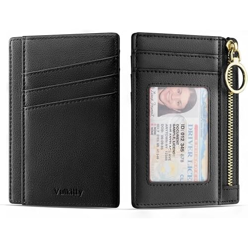 Vulkitty Small Wallet for Women Minimalist Slim Front Pocket Zipper Wallet RFID Blocking Credit Card Holder with ID Slot Window Keychain Black