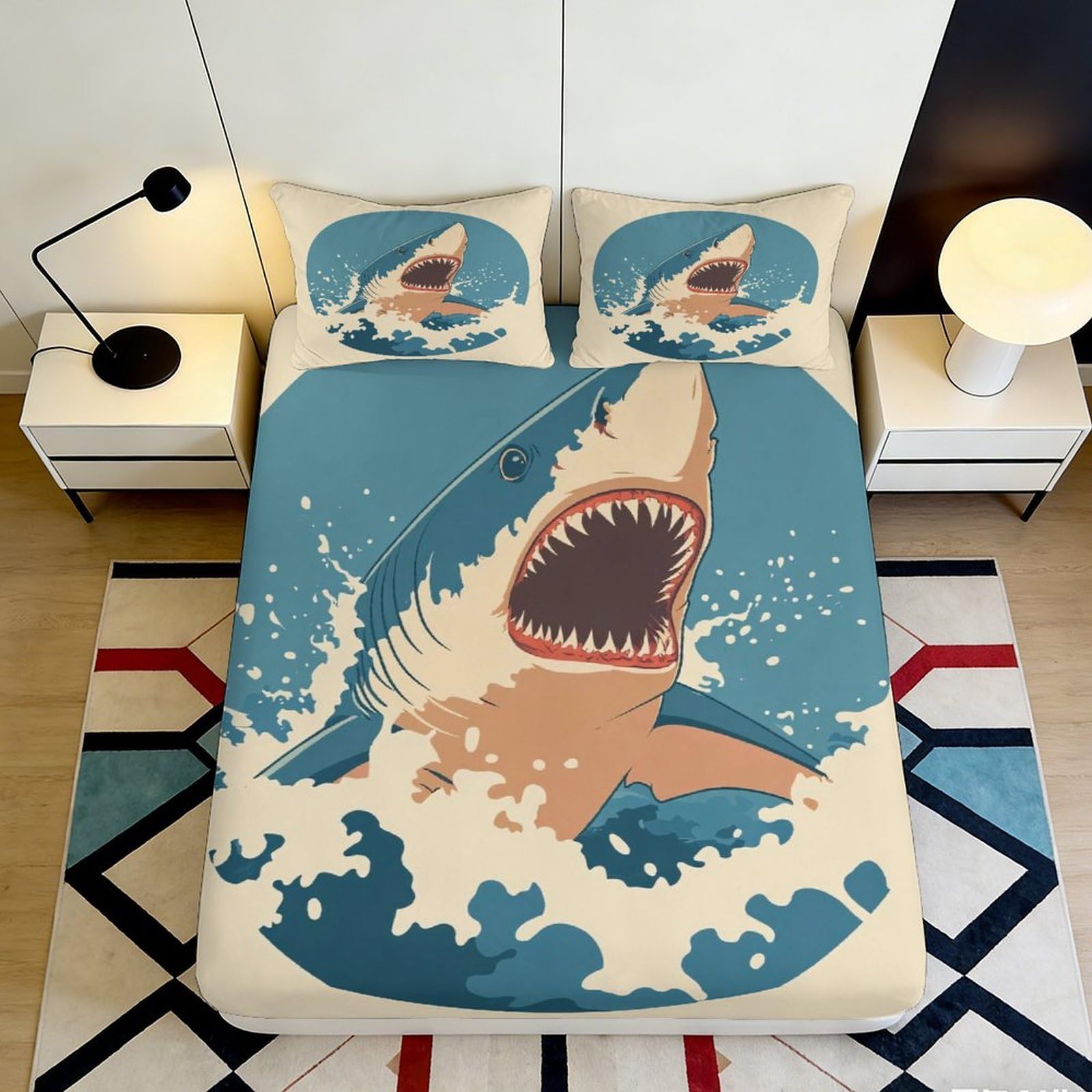 3D Printed Shark Ocean Fitted Sheet Microfiber Soft Blue Bedroom Decor Wave Mattress Cover for Home Dorm 90x200x25cm