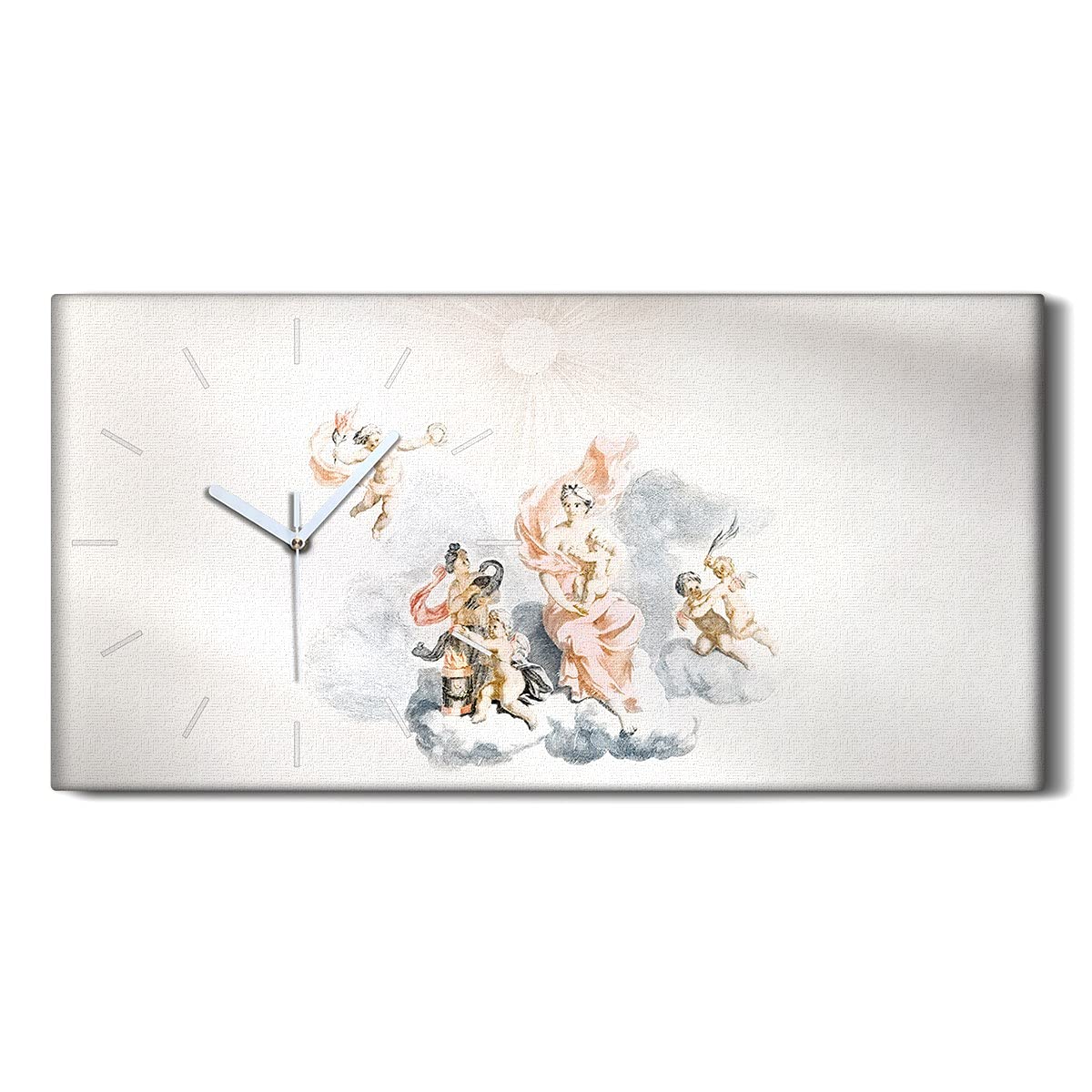 Horloge sur toile 60x30cm ange antique et nuages avec mains blanches pour salon