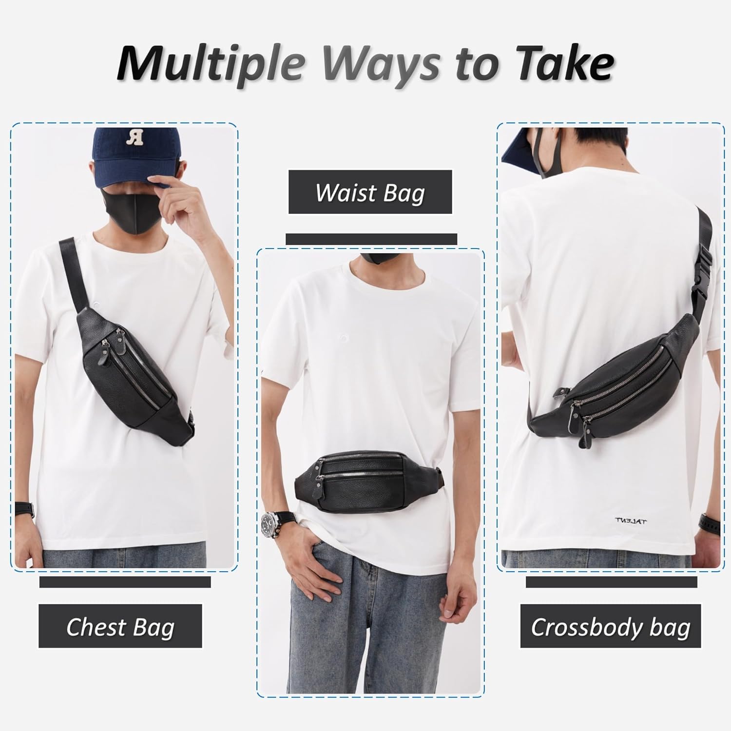 Genuine Leather Waist Bag, Outdoor Travel Waist Pack, Cowhide Leather Fanny Pack with Adjustable Strap, Suitable for Travelling, Outdoor Hiking, Cycling, Running - Black & Small - Image 3