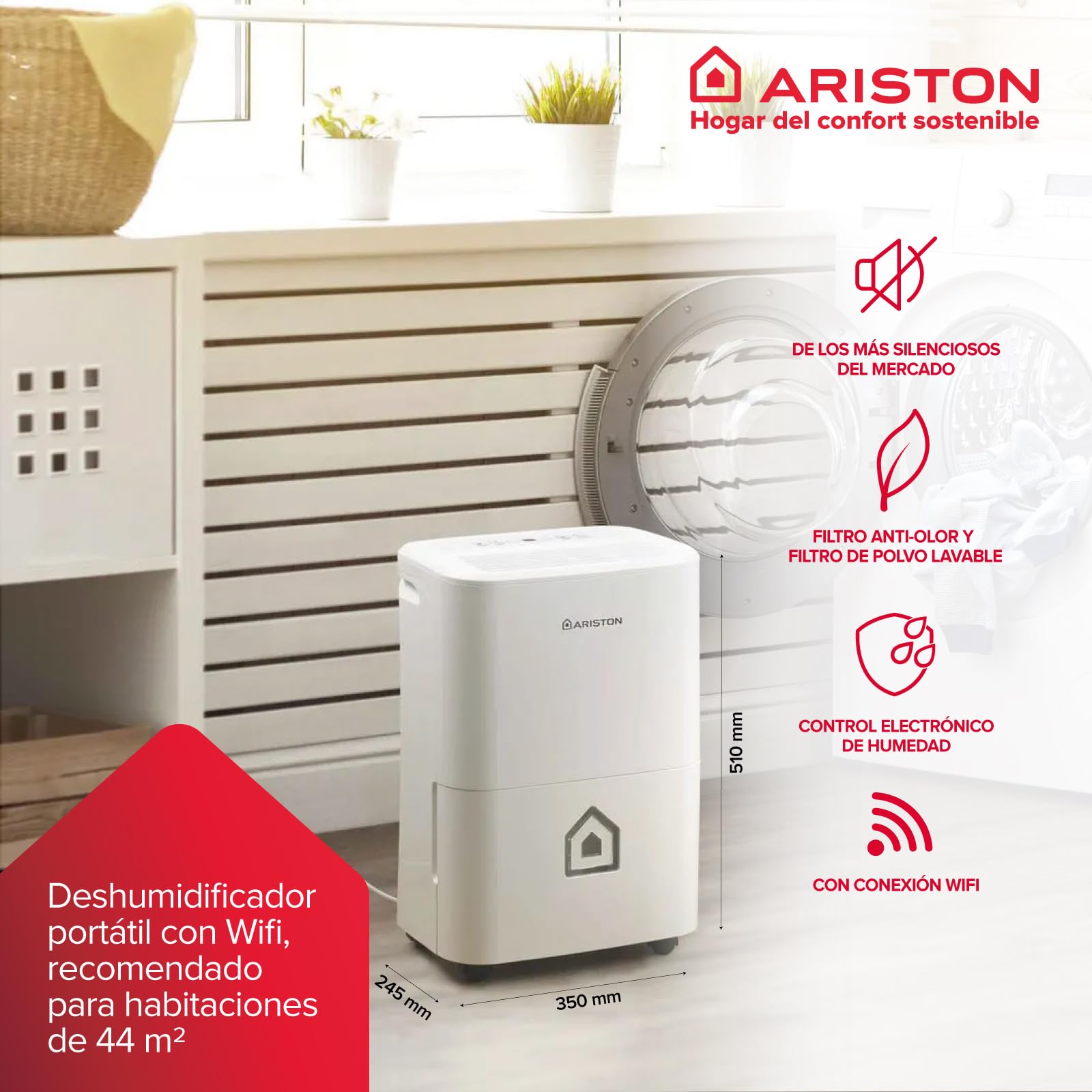 Ariston DEOS 16 S NET Osuszacz Powietrza (idealny do suszenia prania, cichy, możliwość sterowania przez aplikację – gdziekolwiek jesteś). Przeznaczony do instalacji w Polsce
