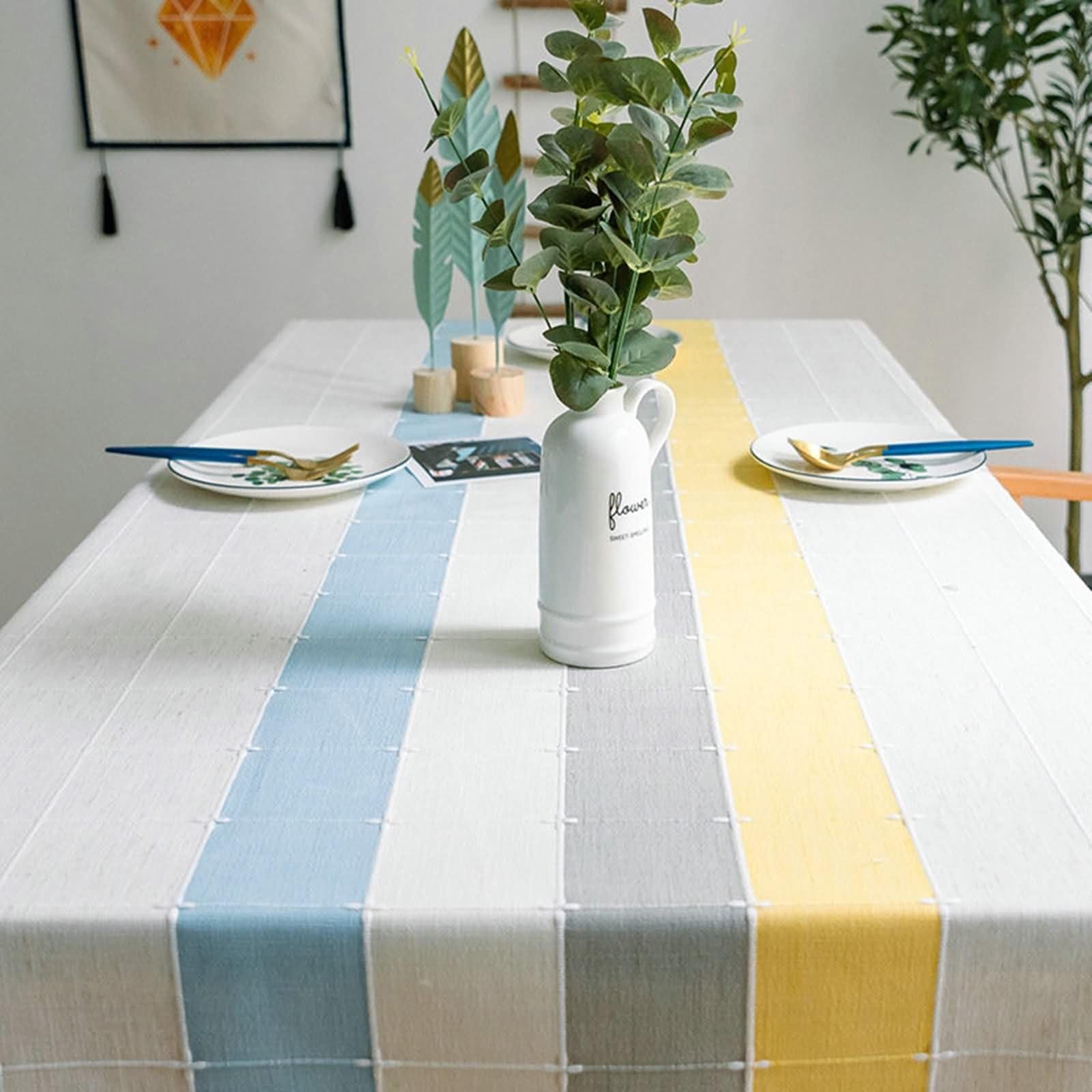 Mantel Antimanchas Rectangular Azul Gris Amarillo Mesa, Empalme con Encaje, de Poliéster Fácil de Limpiar, 140 x 260 cm, Mantel para Hogar
