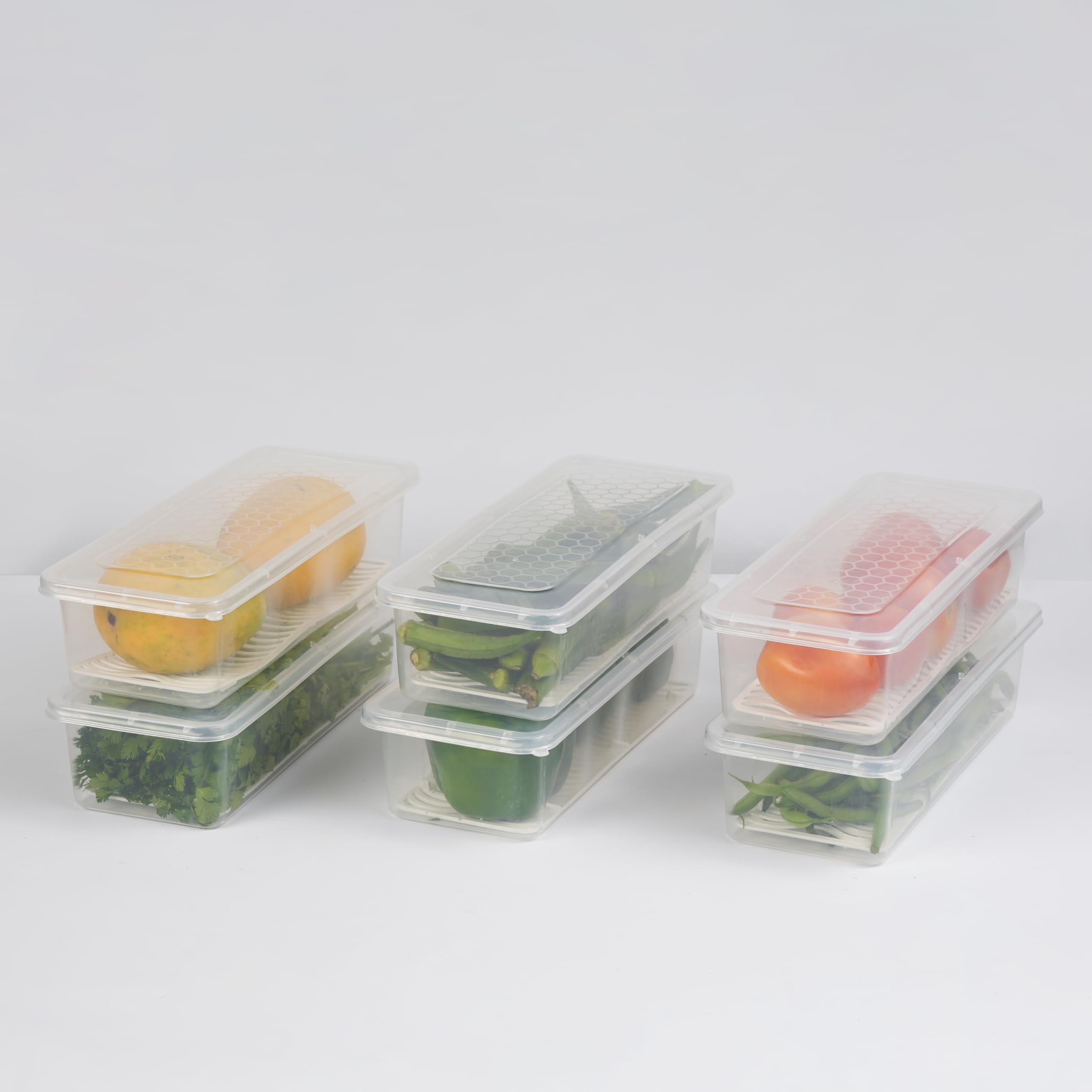 PEARLPET Plastic Fridge Storage Boxes (Pack Of 6, Fridge Organizer With Removable Drain Plate Fridge Storage Containers Keeps Fruits, Meat, Fish Fresh Longer 1500 Ml Container Box, Transparent) 2