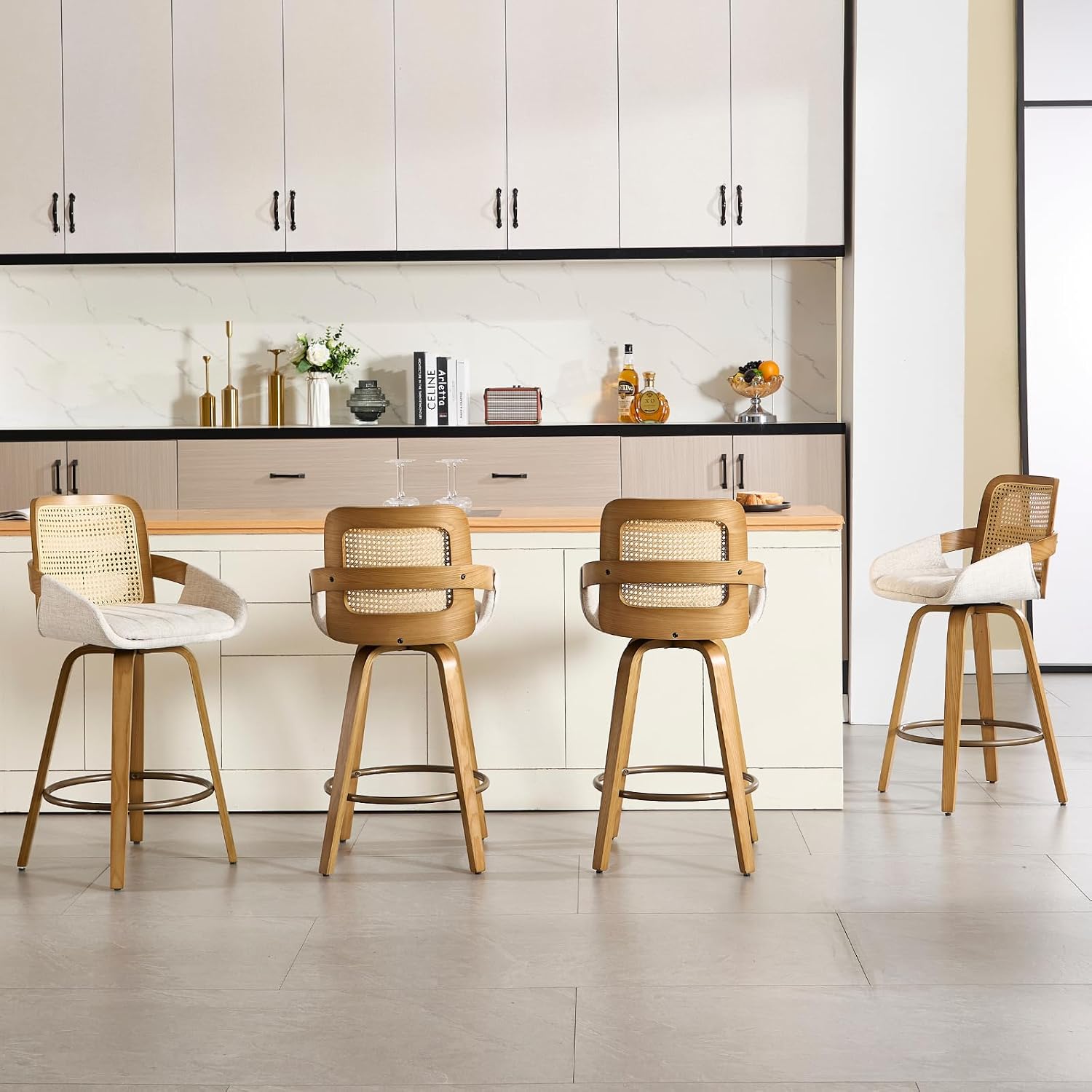 DUOMAY 360°Swivel Counter Height Stools Set of 4, Cane Back 26" Seat Height Low Barstools with Solid Wood Legs Linen Seat Kitchen Stools for Home Dining Room, Beige