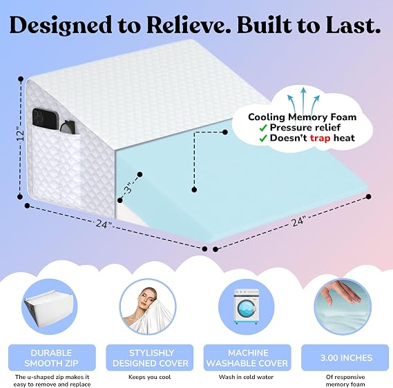12 Bed Wedge Pillow for GERD, Acid Reflux, Sleep Apnea, Snoring | Cooling 3 memory foam top and cover for side sleepers, post-surgery, back support and leg elevation U-shaped easy-off/on zip